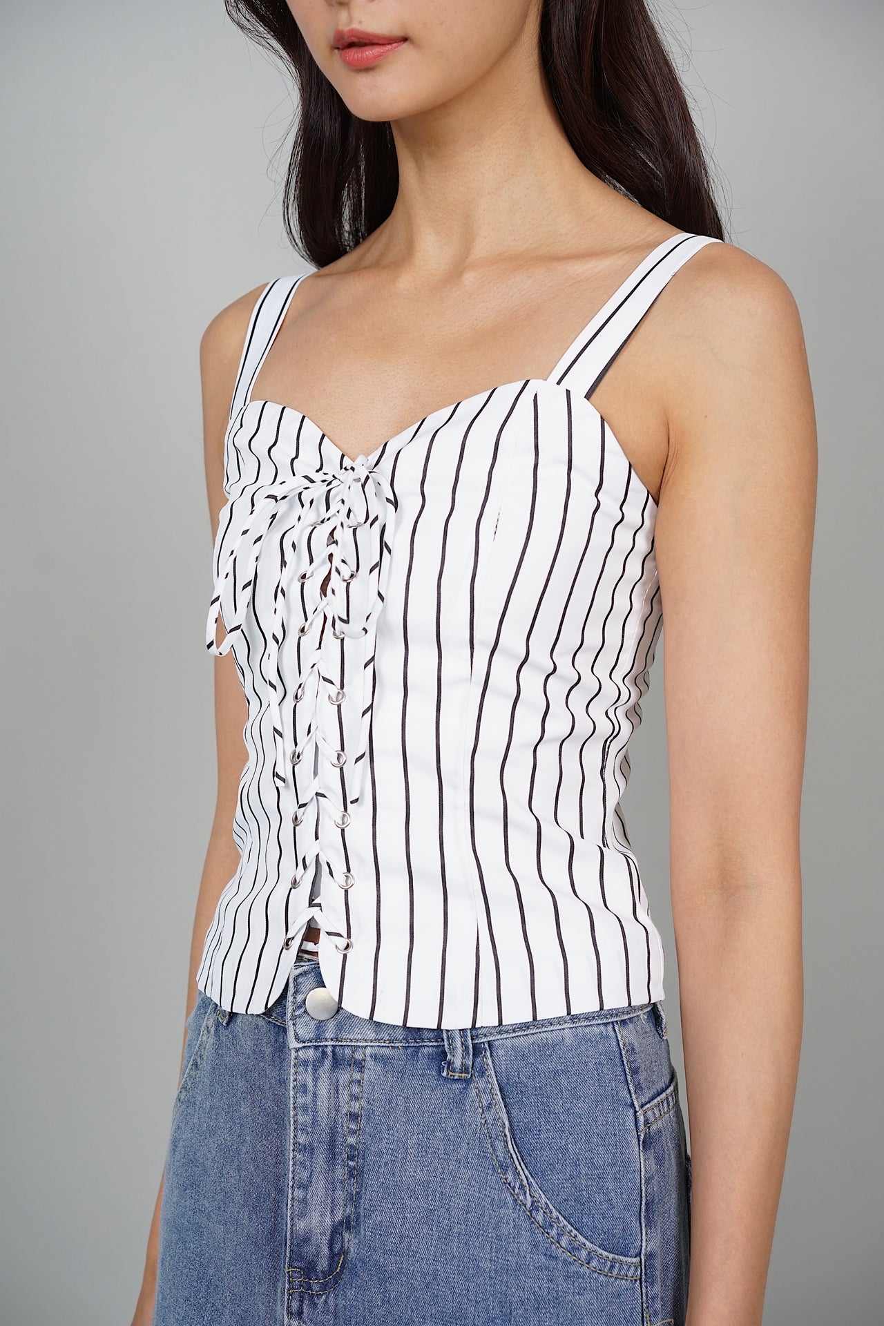 Selvi Lace-Up Top in White Stripes