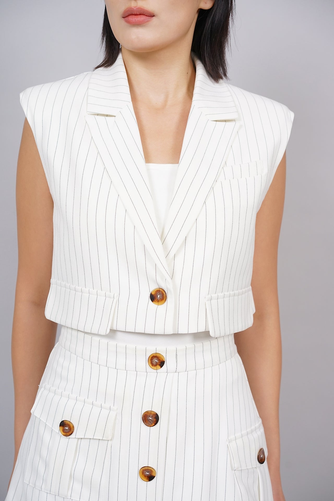 Cropped Buttoned Vest in White Pinstripes - Arriving Soon