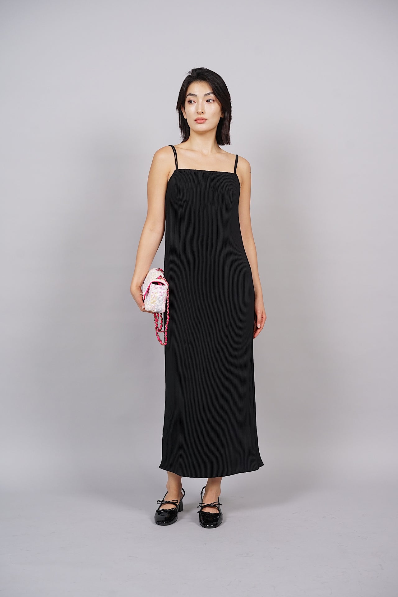 Strappy Pleated Midi Dress in Black - Arriving Soon