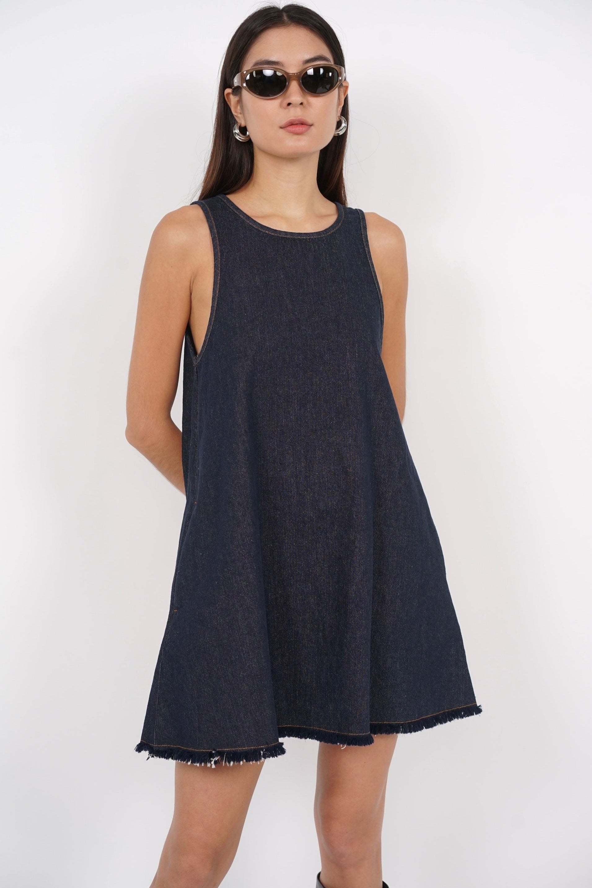 Sleeveless A-Line Flare Dress in Denim Blue