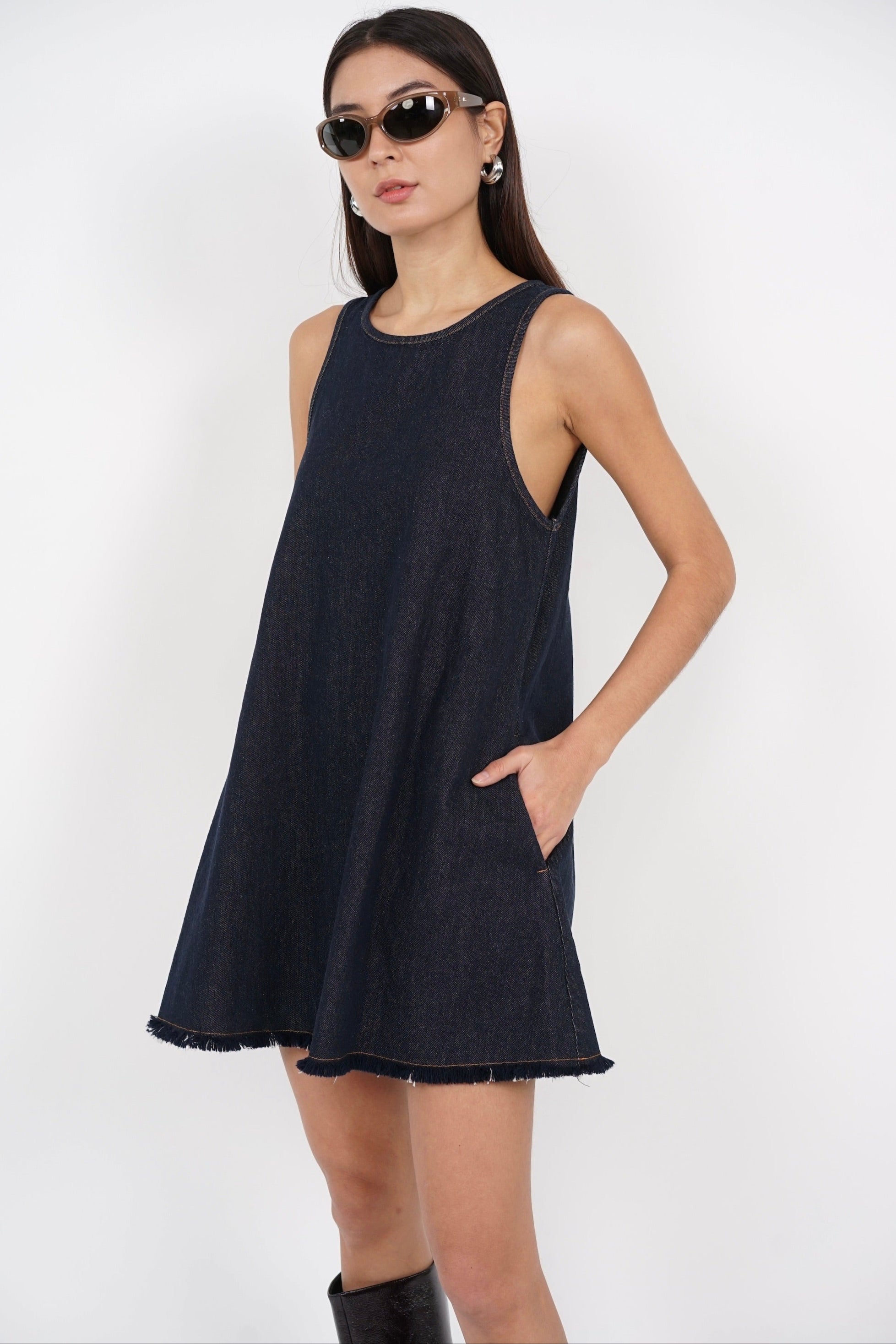 Sleeveless A-Line Flare Dress in Denim Blue