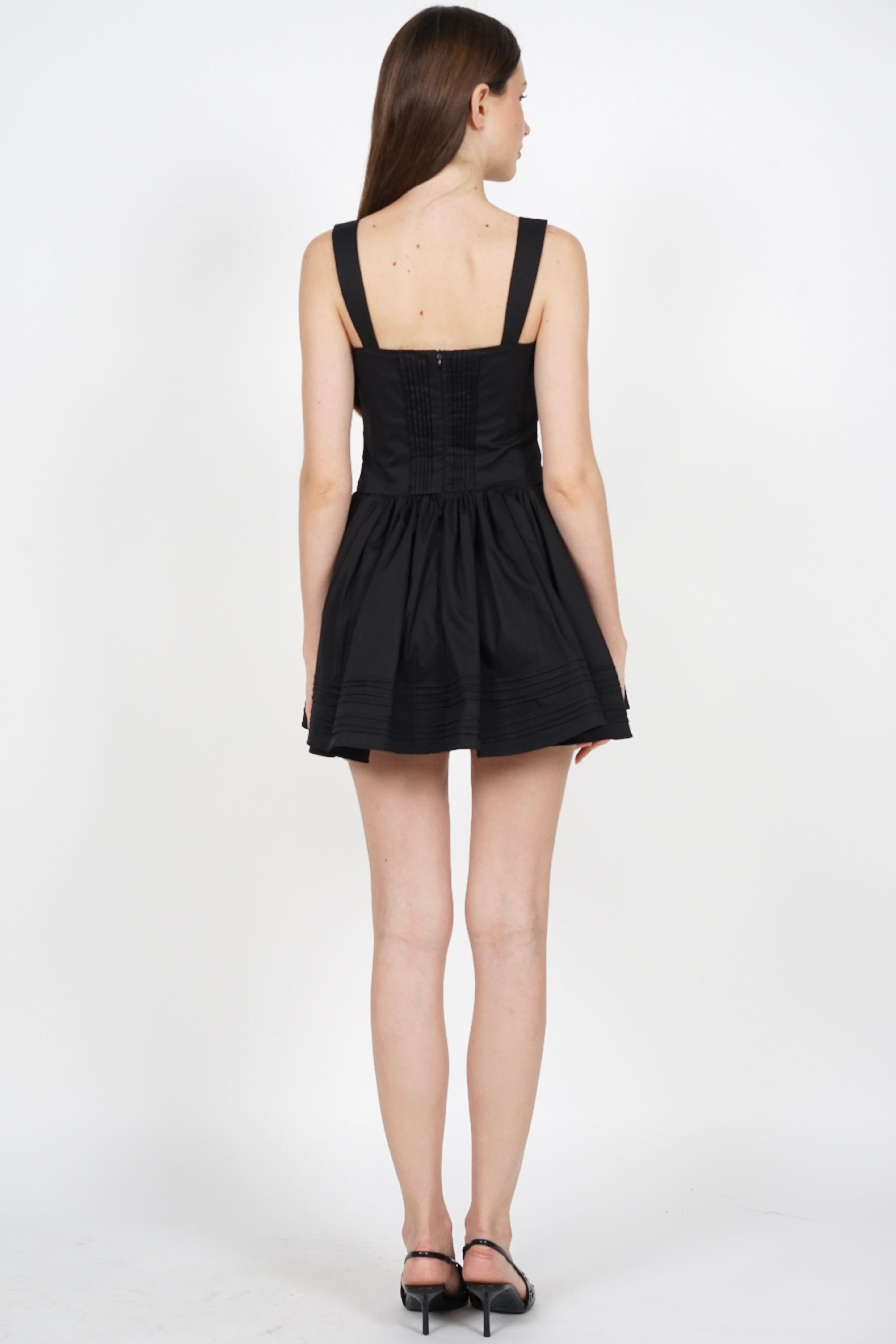Ruched Pintuck Mini Dress in Black