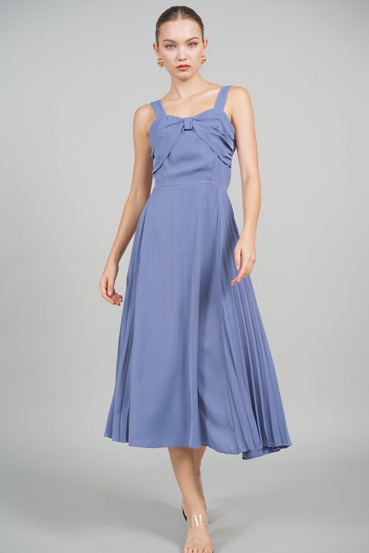 Talia Pleated Flared Dress in Ash Blue