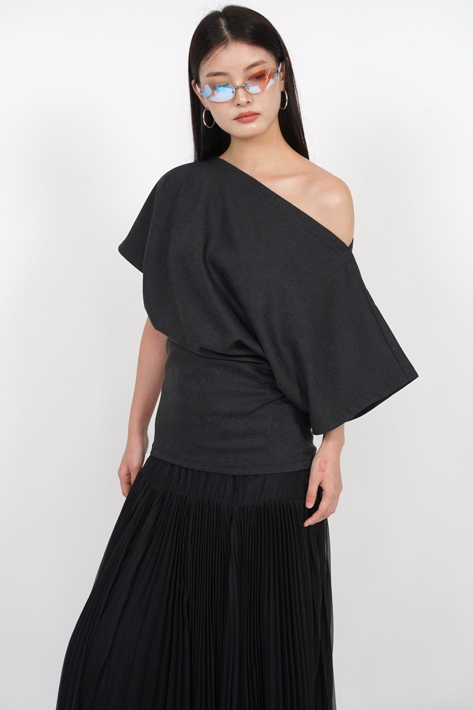 Asymmetrical Sleeve Top in Charcoal