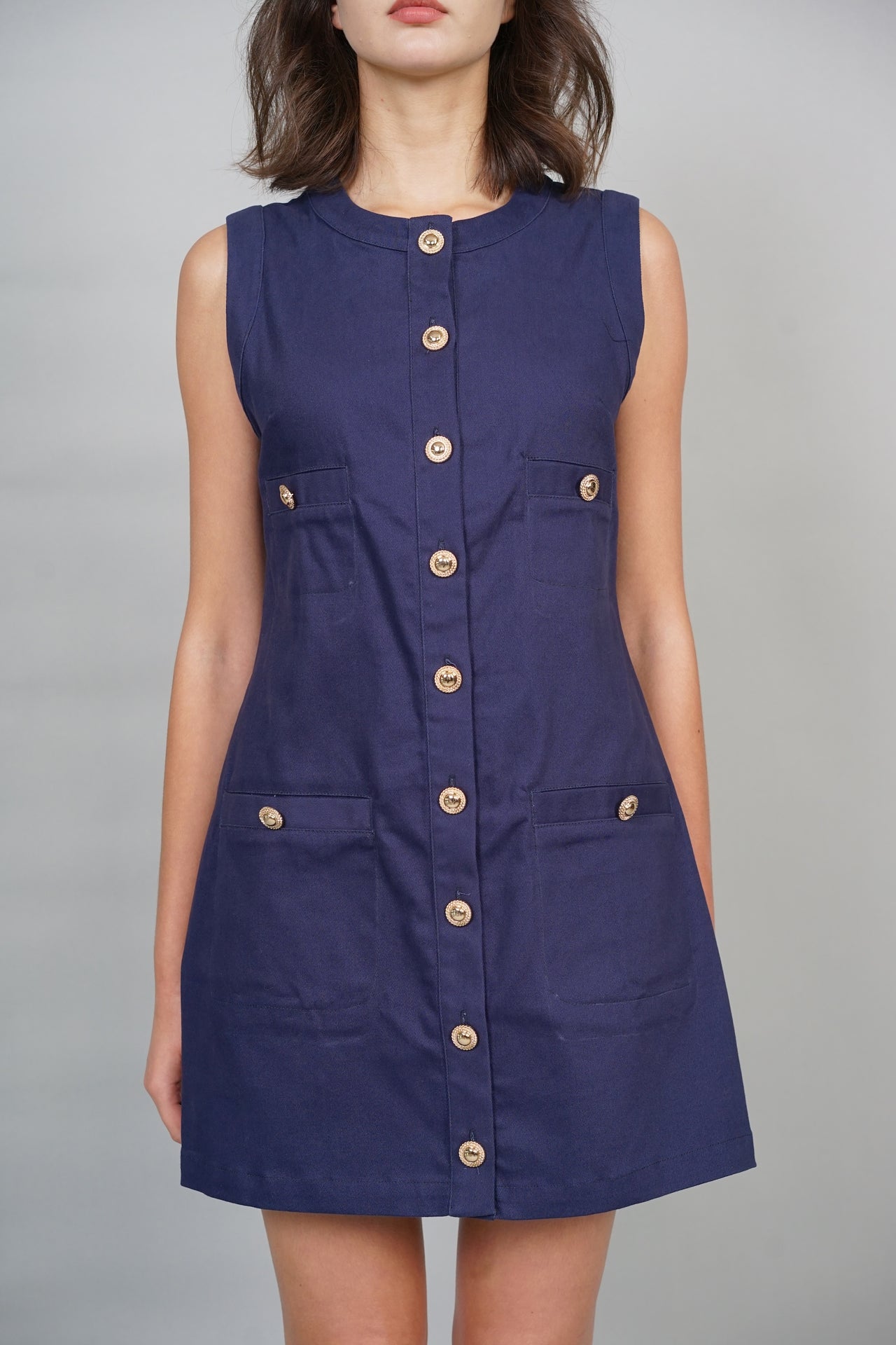 Buttoned Utility Denim Shift Dress in Navy - Arriving Soon
