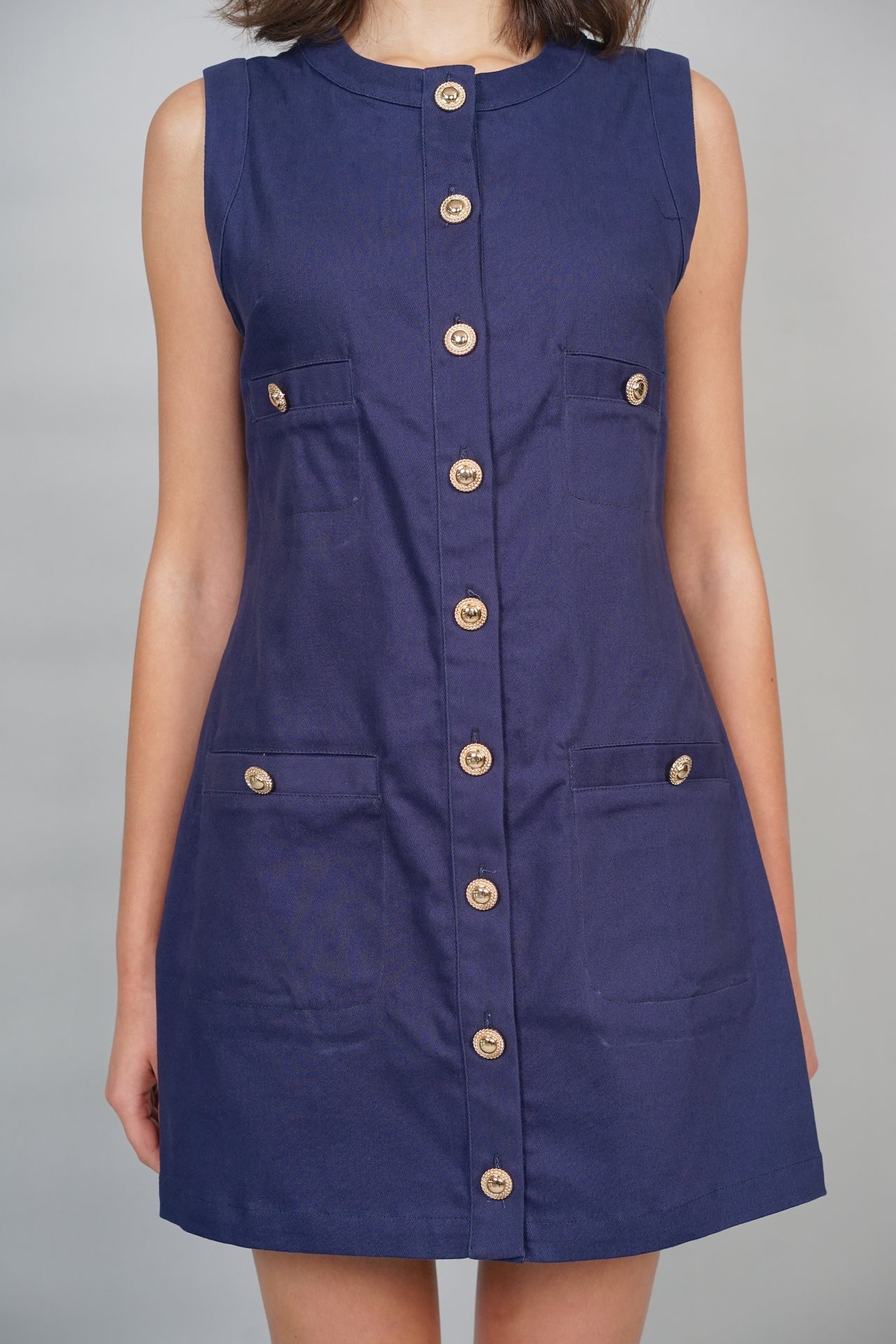 Buttoned Utility Denim Shift Dress in Navy - Arriving Soon
