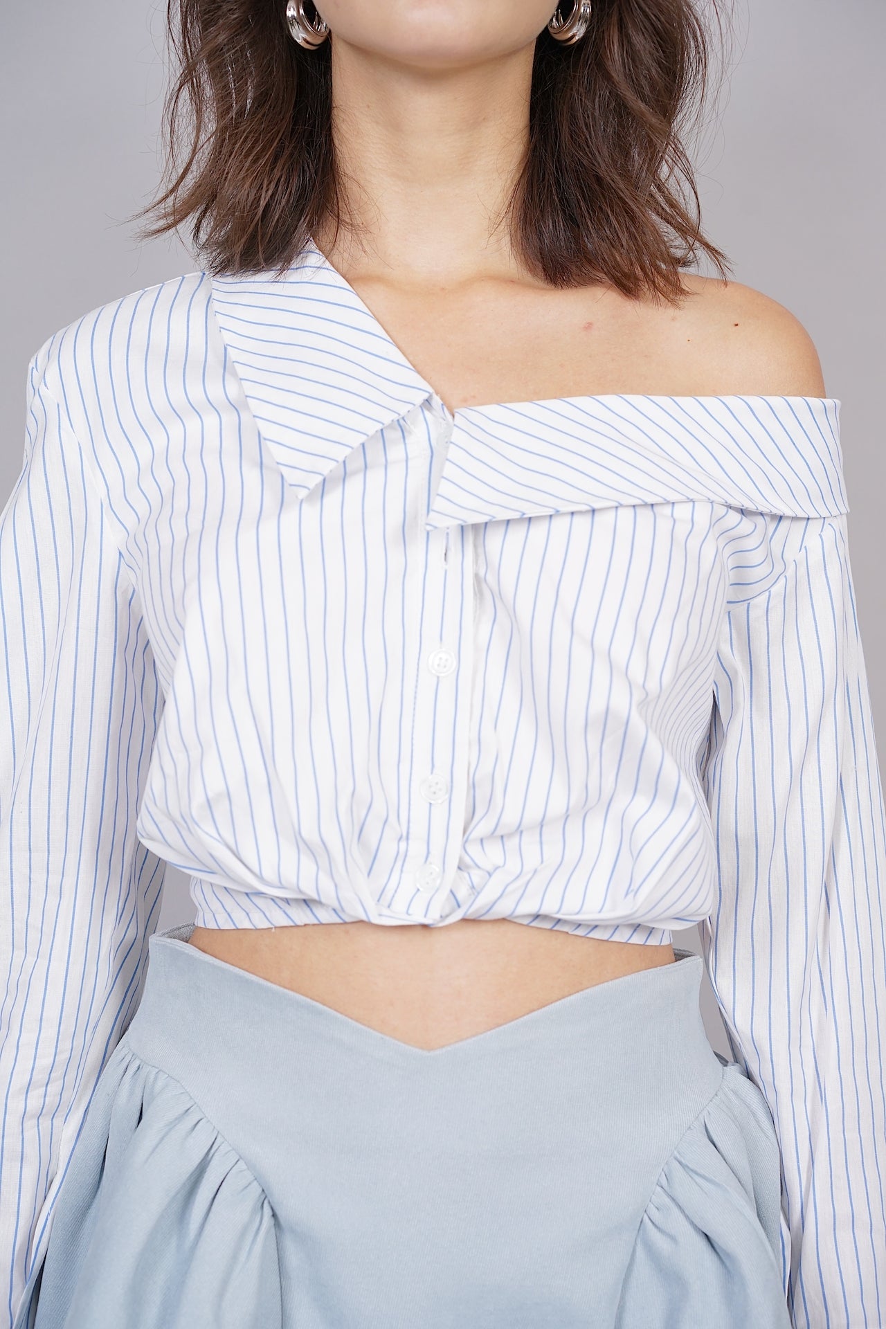 Asymmetrical Cropped Shirt in Light Blue Stripes - Arriving Soon