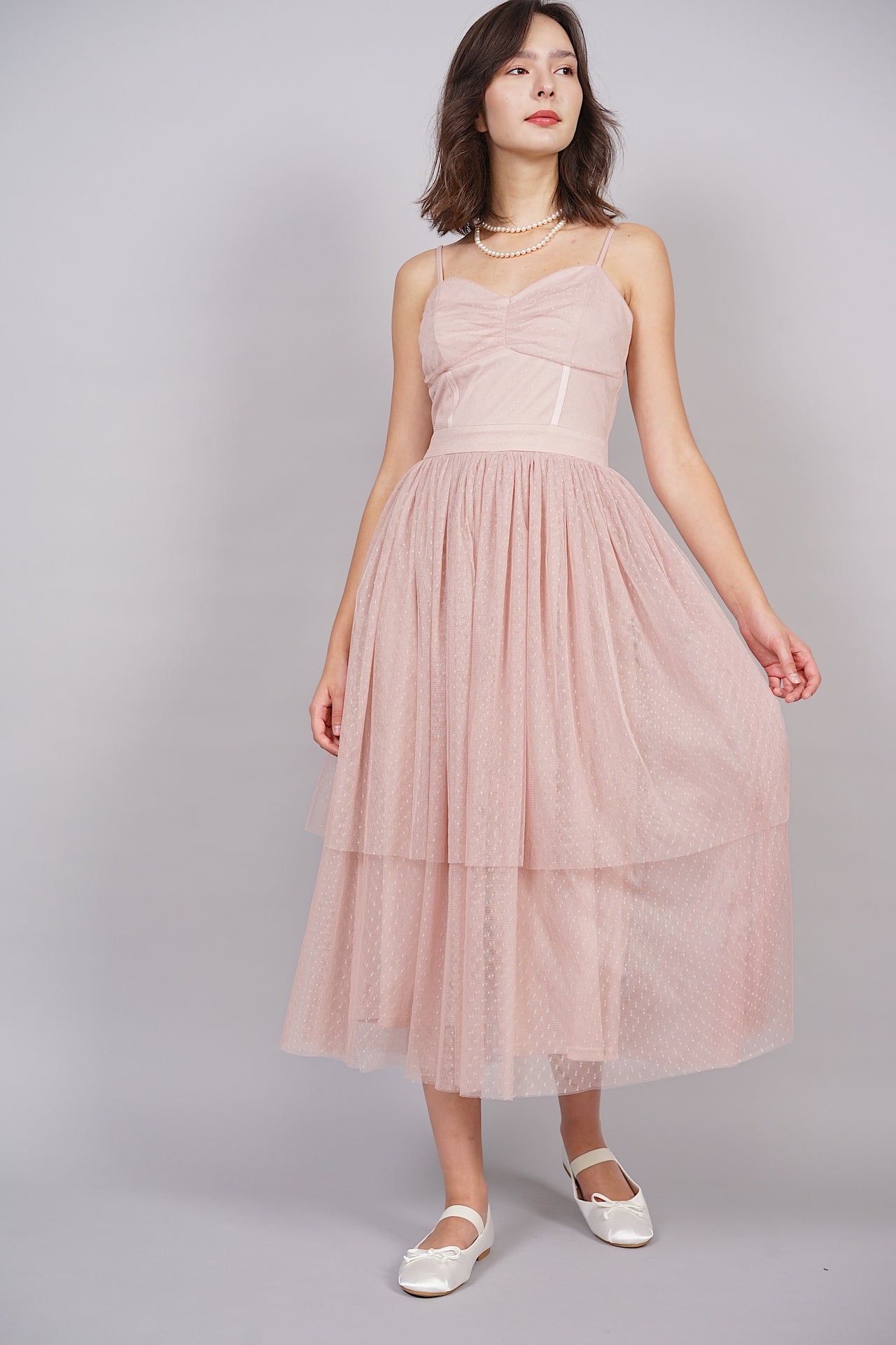 Sona Tulle Midi Dress in Pink