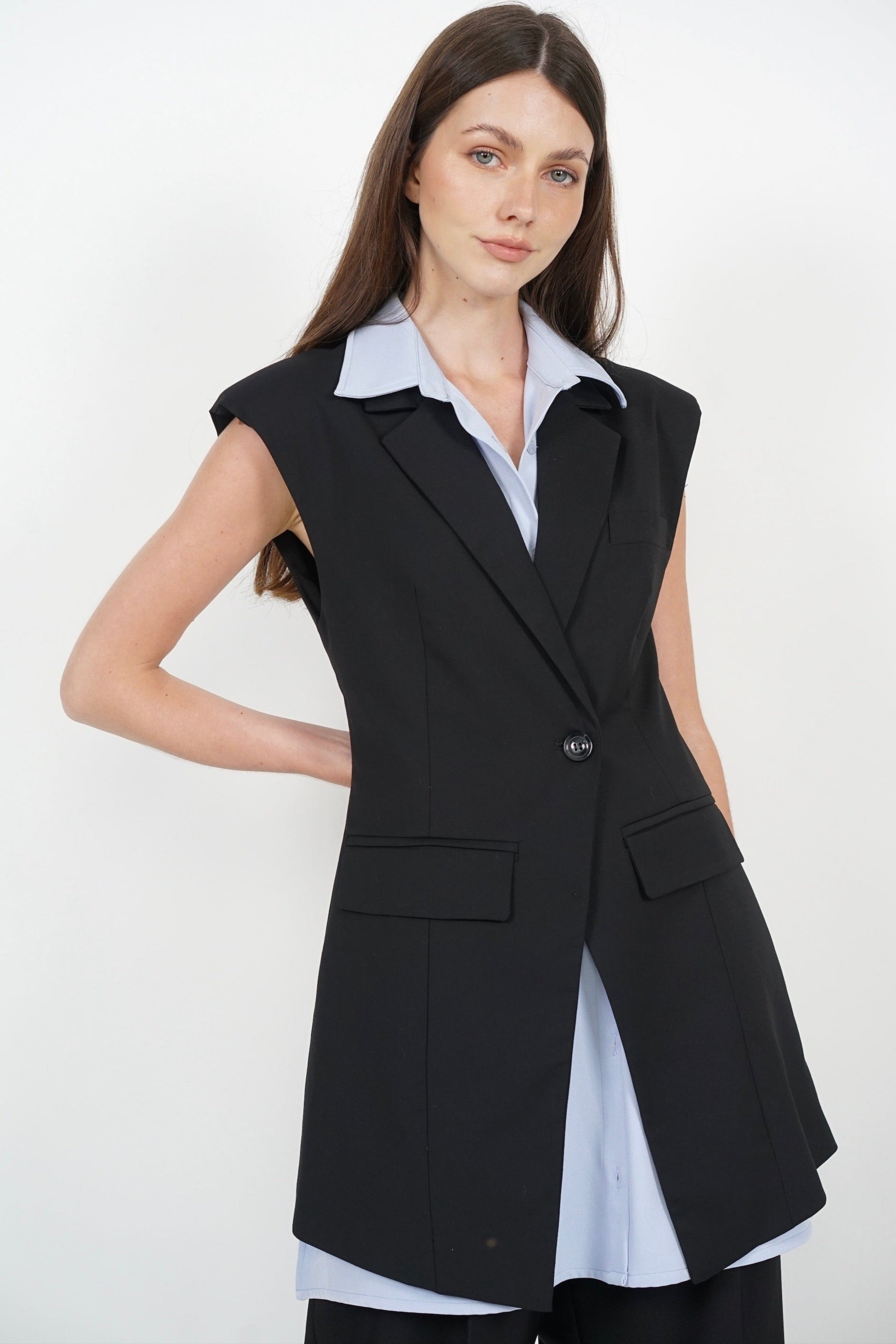 Layered Vest Top in Black Blue