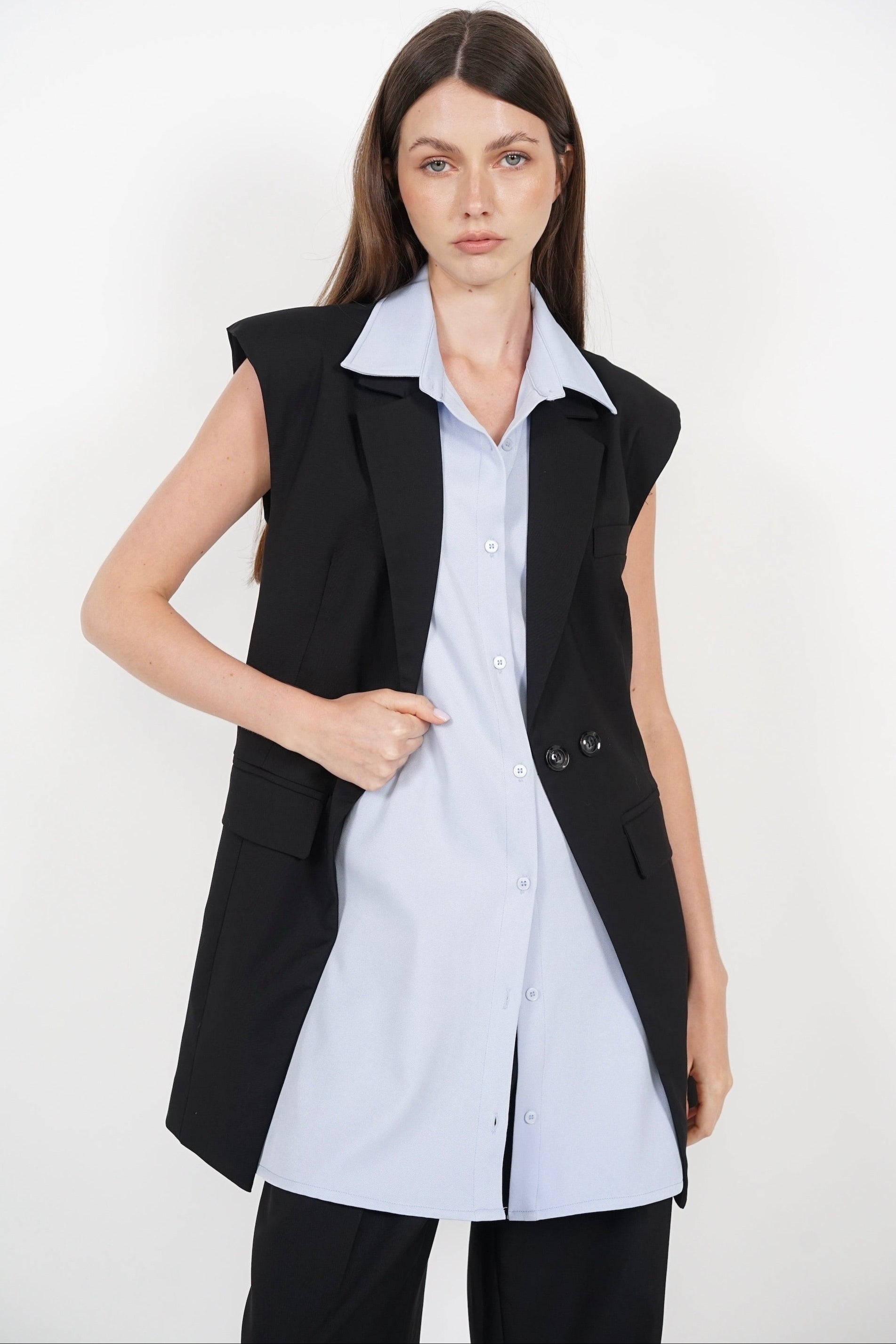Layered Vest Top in Black Blue