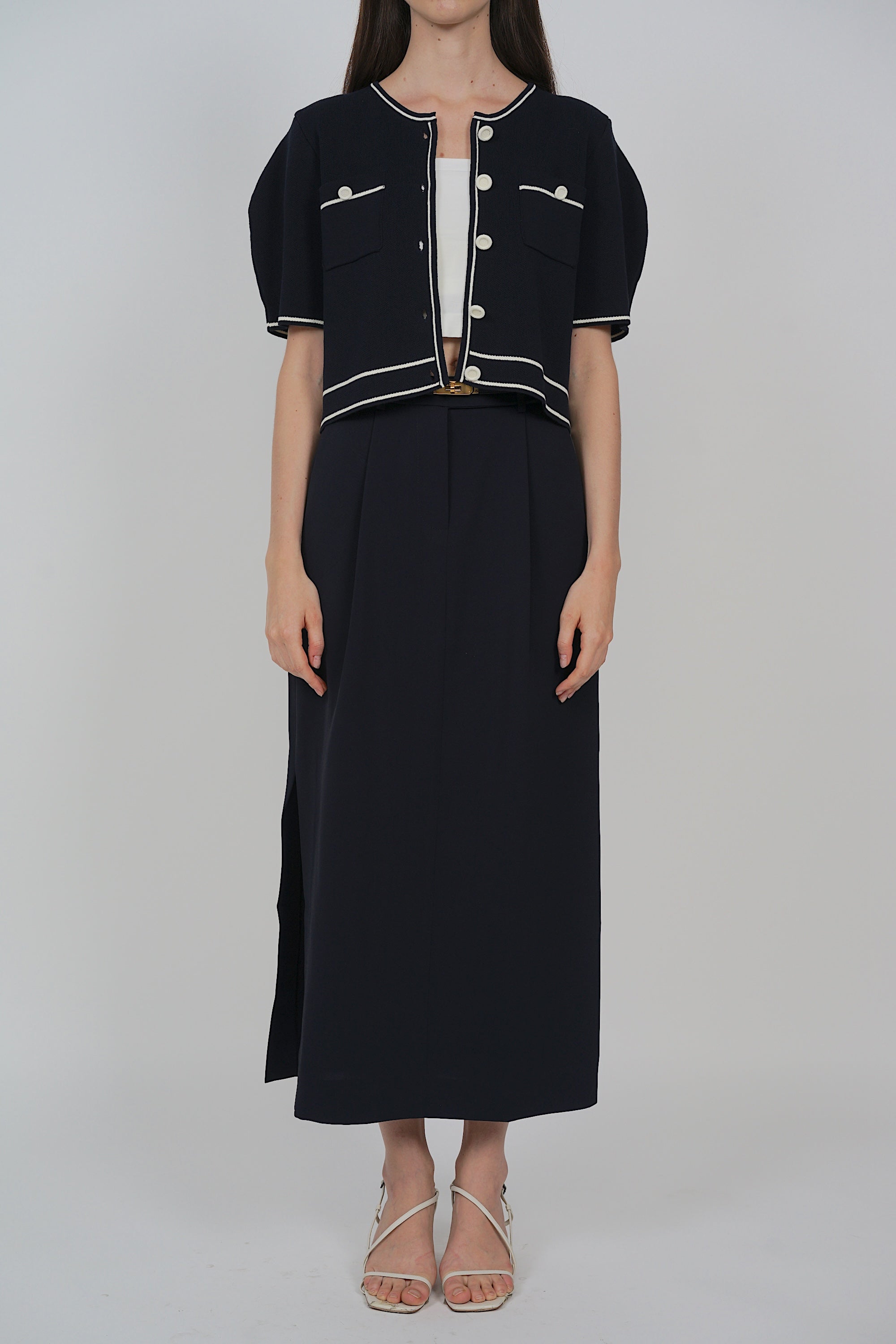Button Contrast Knit Top in Midnight
