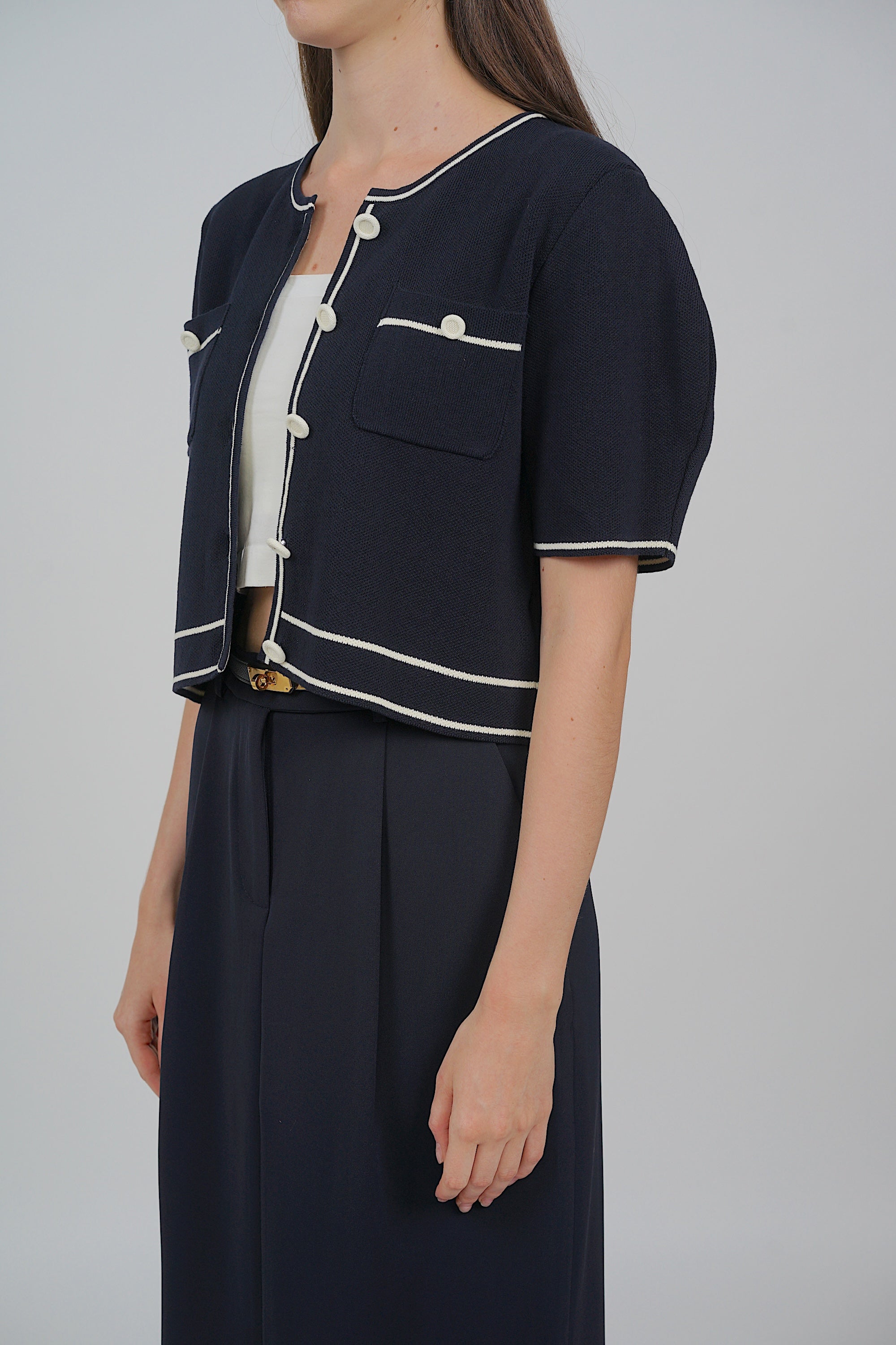 Button Contrast Knit Top in Midnight