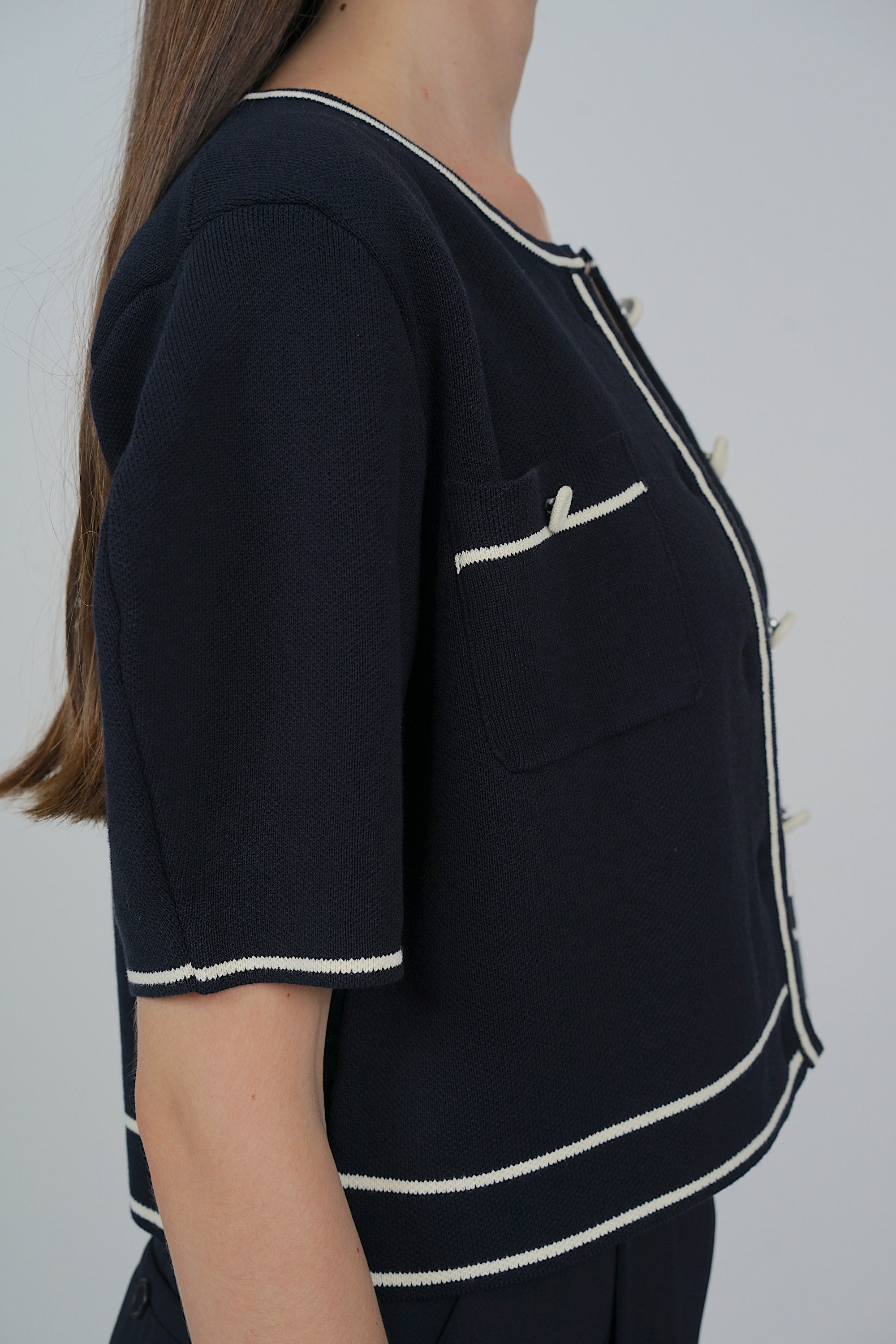 Button Contrast Knit Top in Midnight