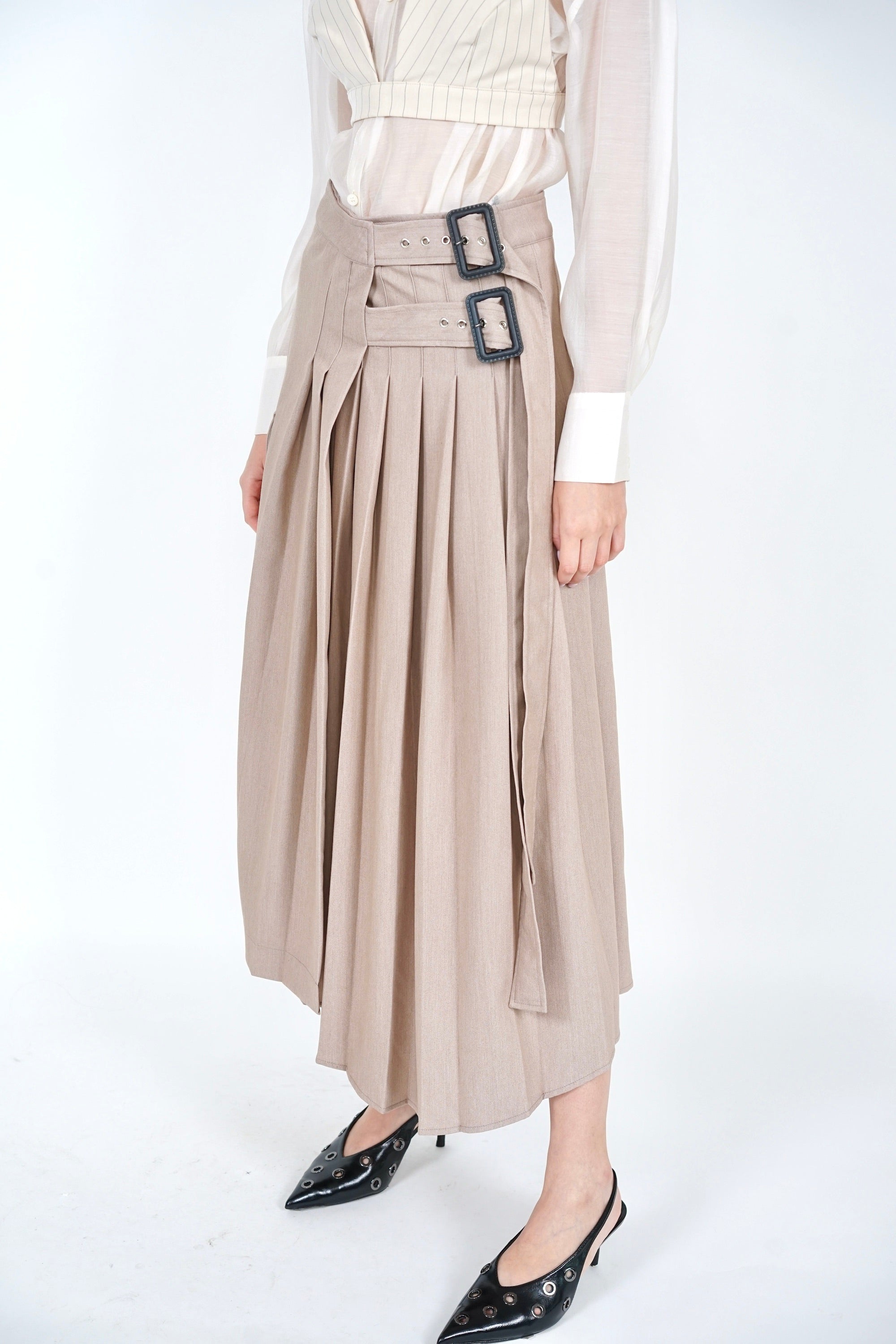 Pleated Buckle Midi Skirt in Khaki