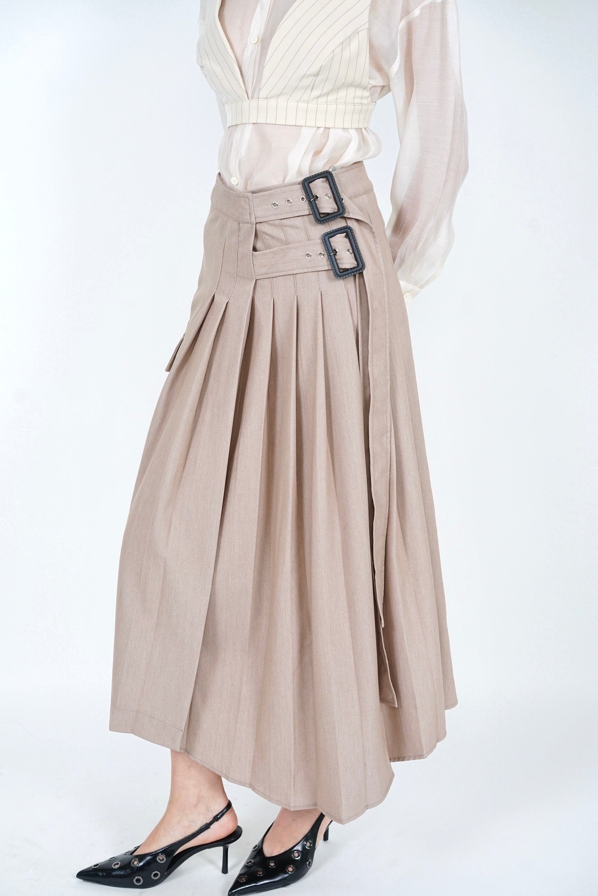 Pleated Buckle Midi Skirt in Khaki