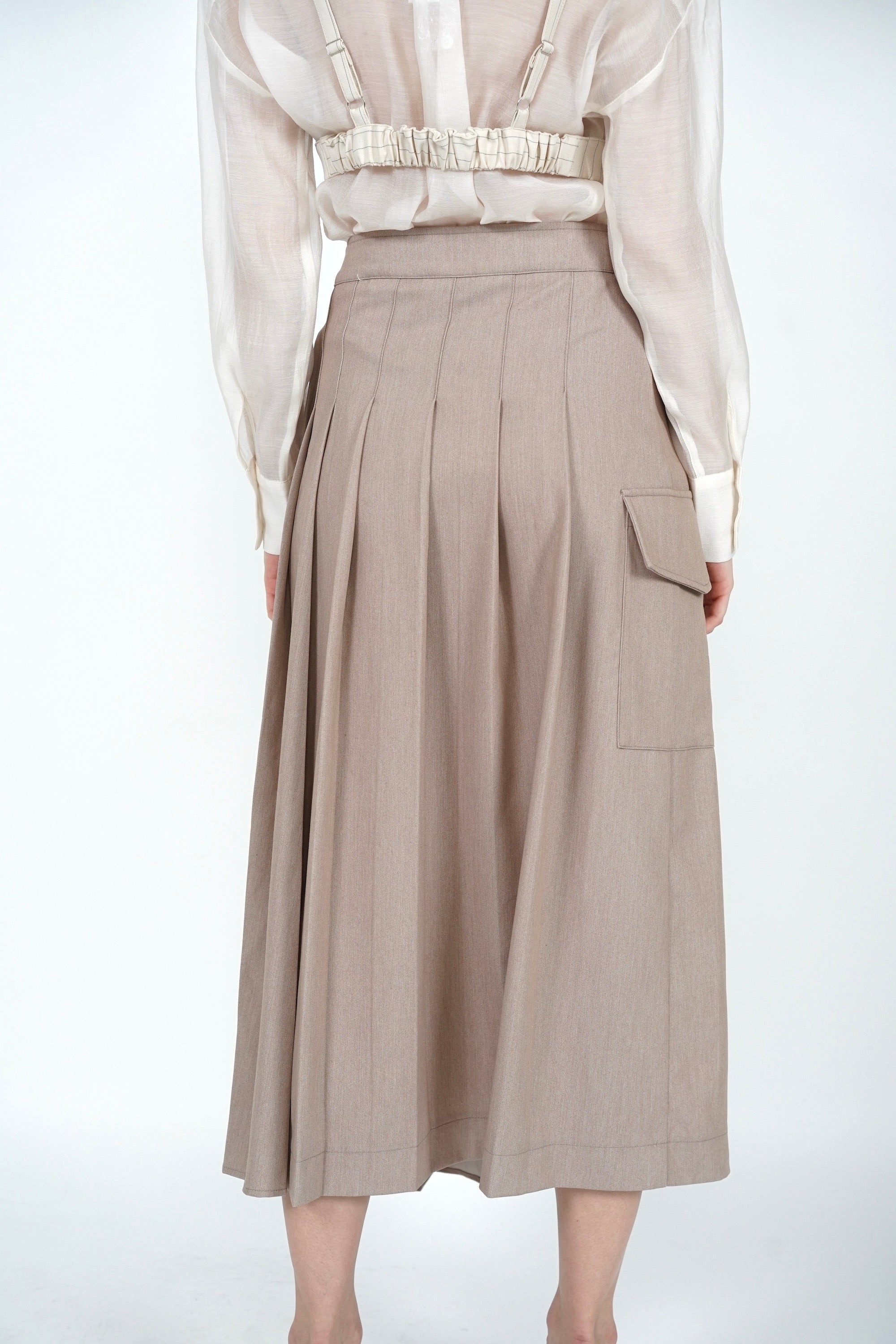 Pleated Buckle Midi Skirt in Khaki