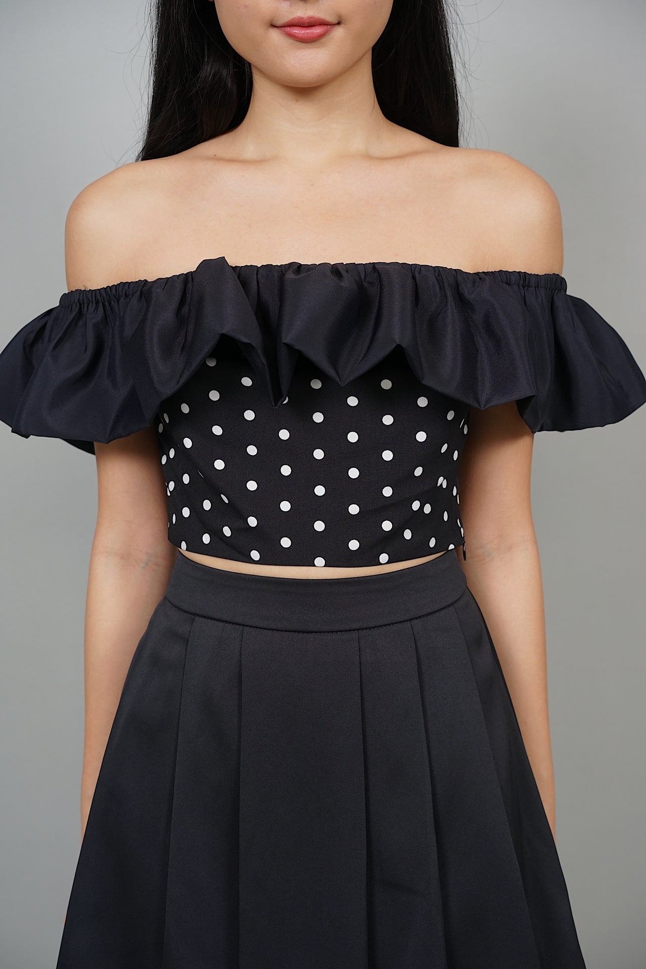 Sebrie Off-Shoulder Top in Black Polka Dots