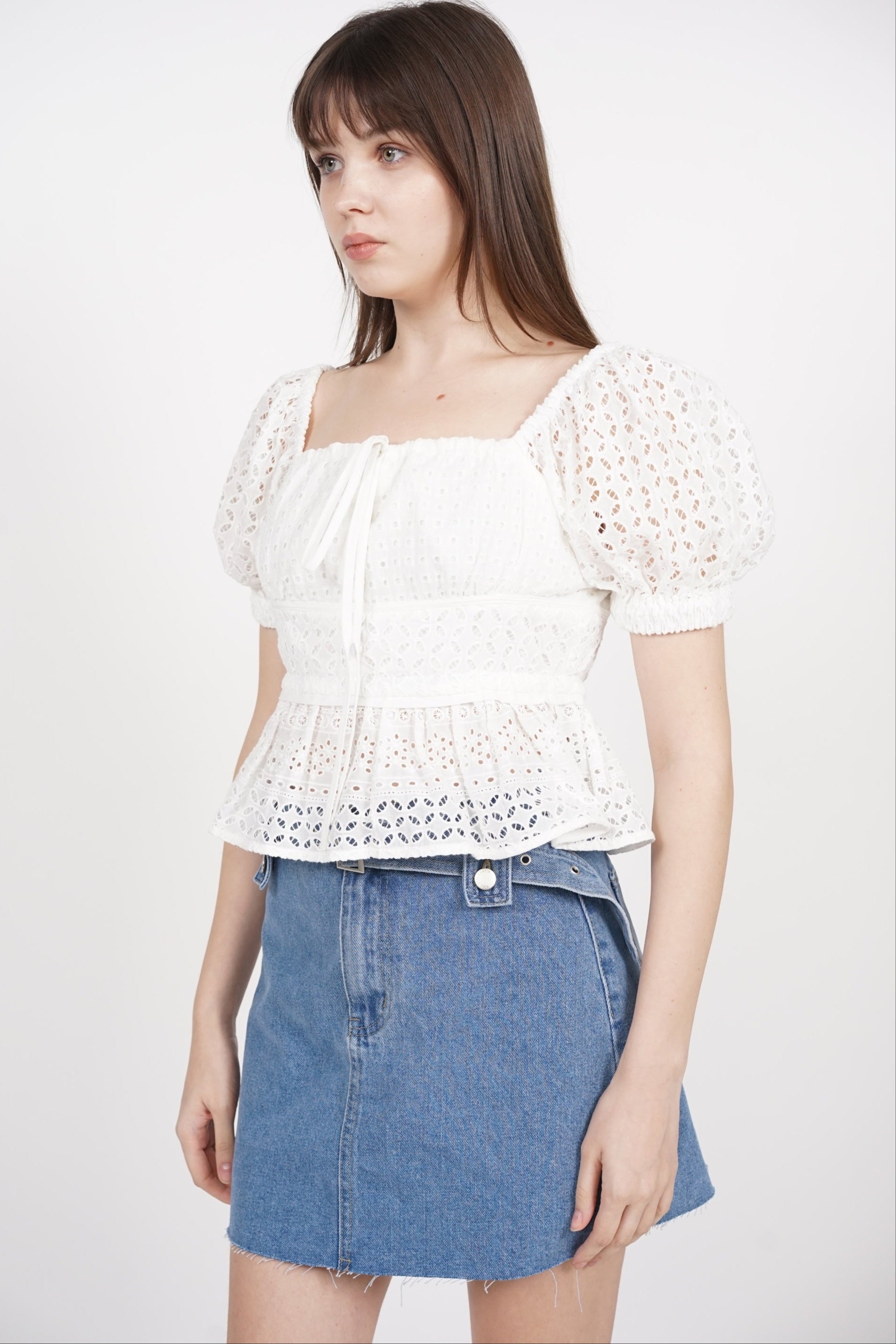 Puff Sleeve Eyelet Top in White