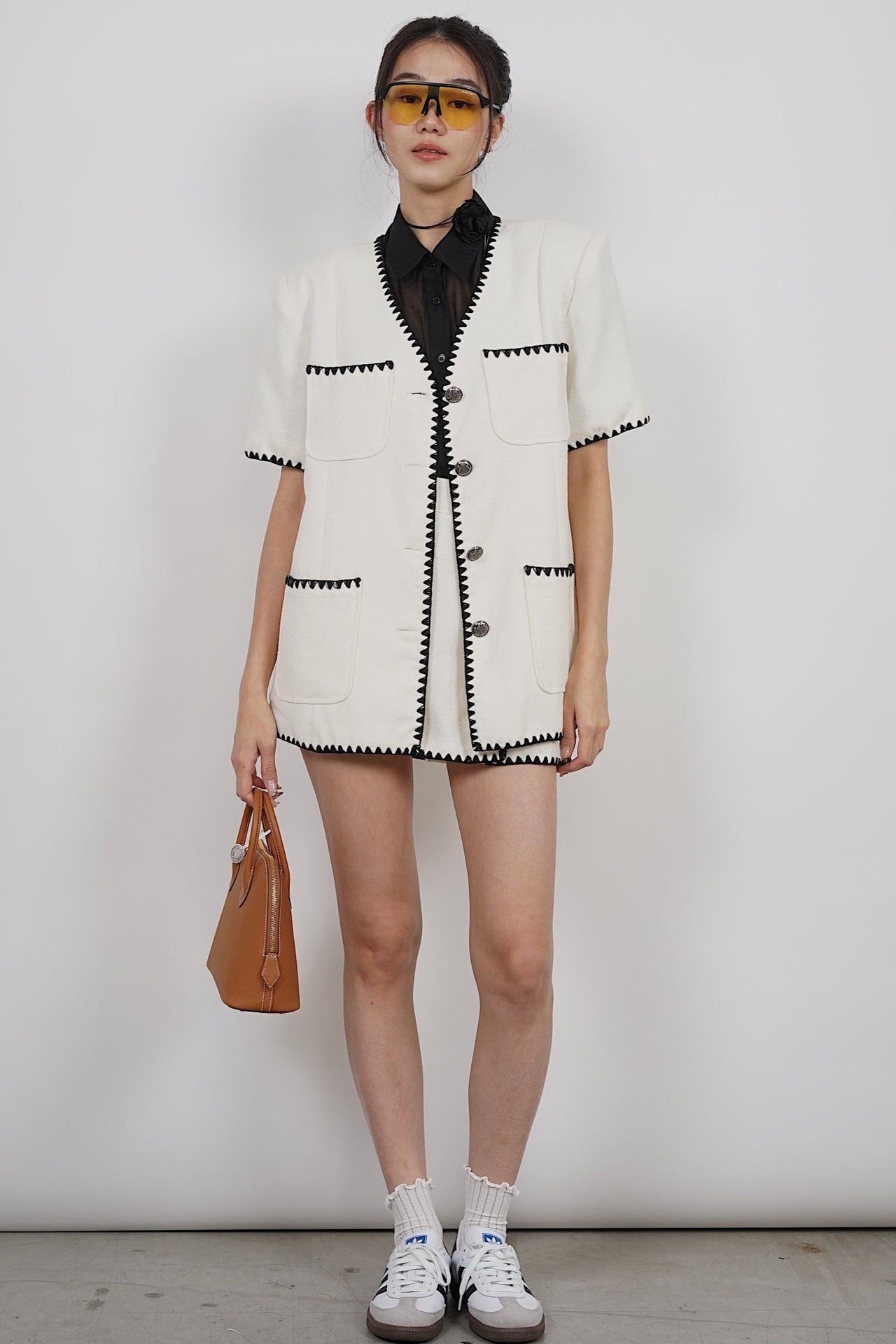 Contrast Tweed Jacket in White Black