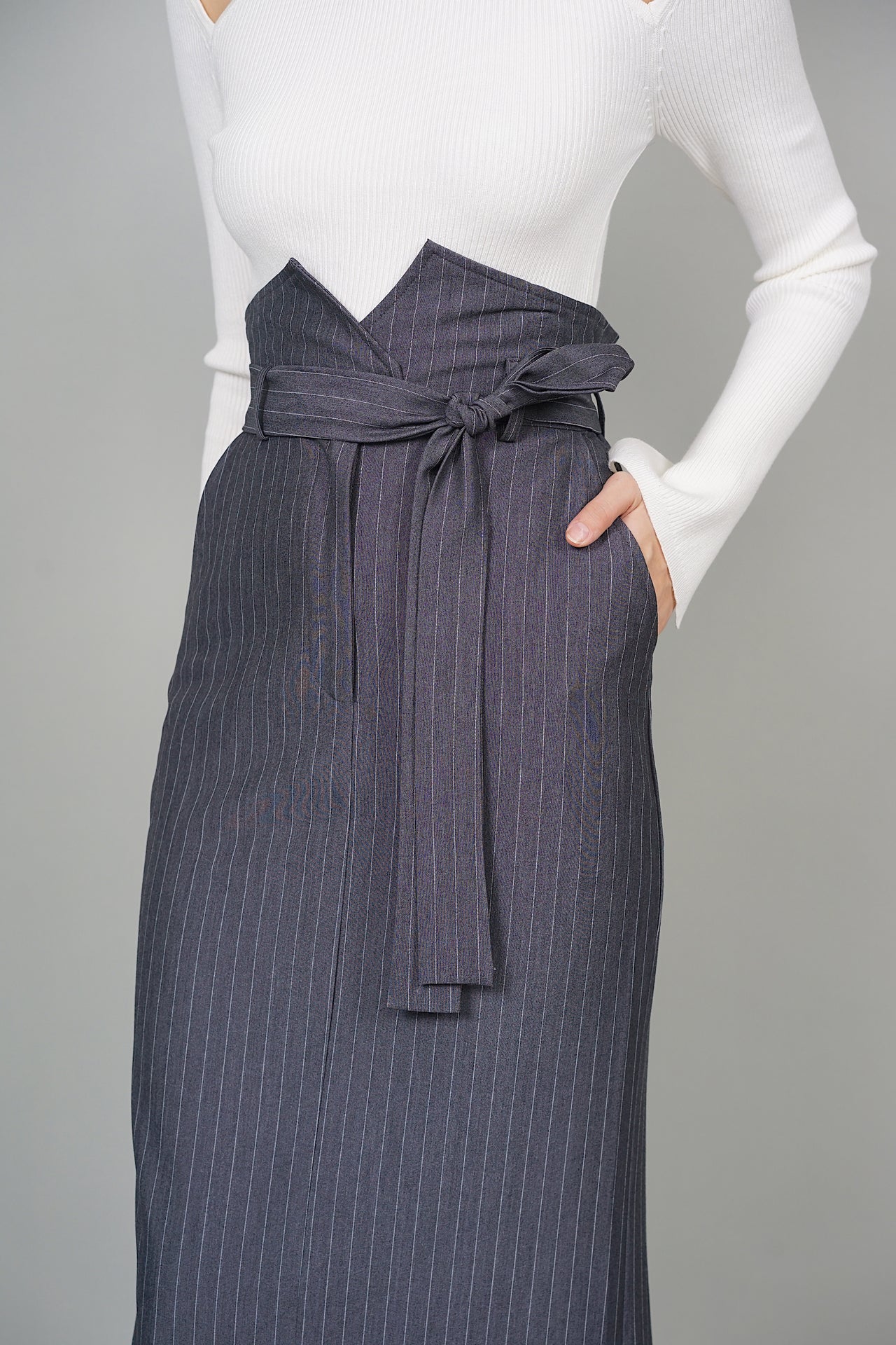 Addison Belted Long Skirt in Grey Pinstripes
