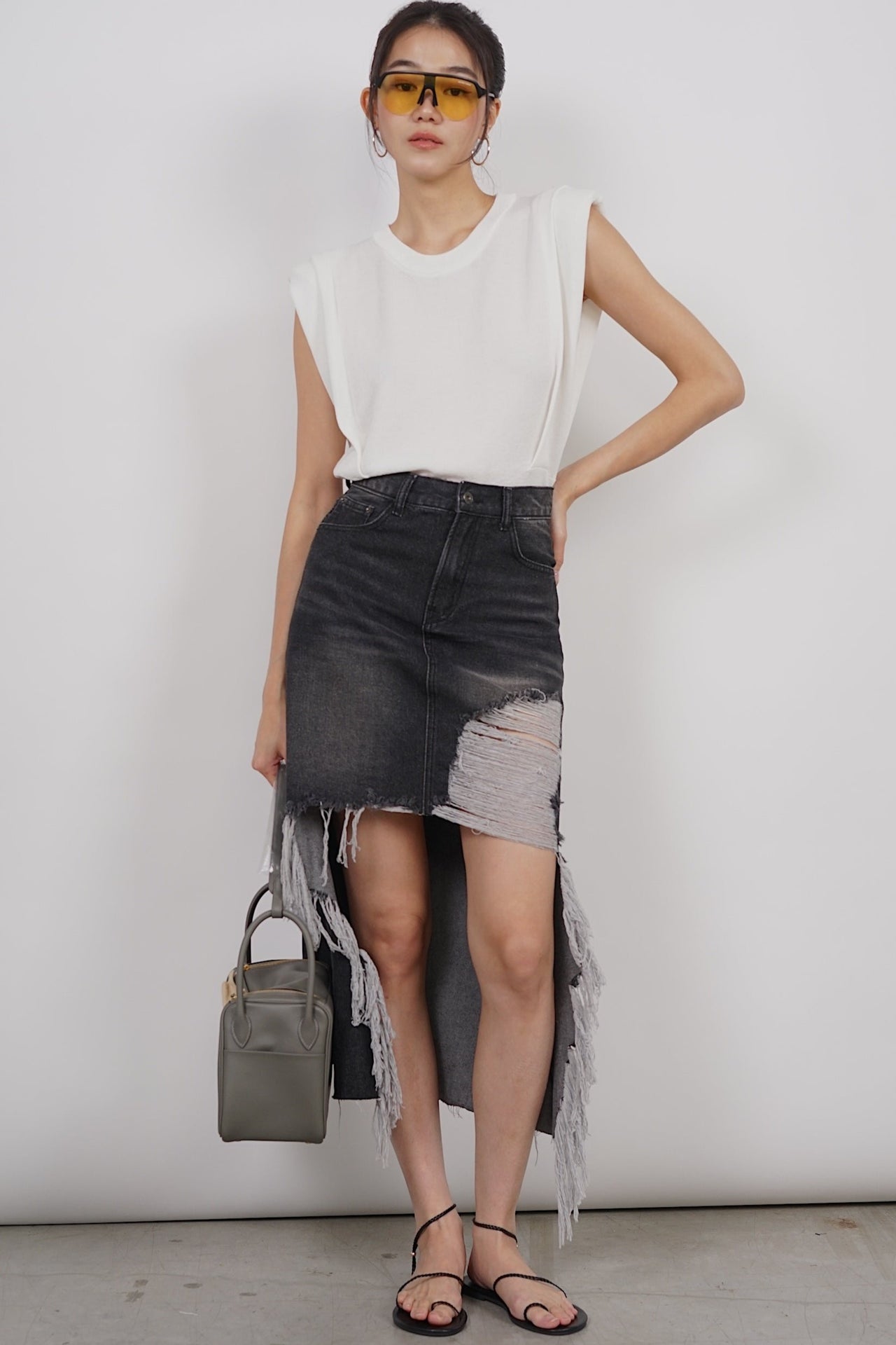 Padded Shoulder Knit Top in White