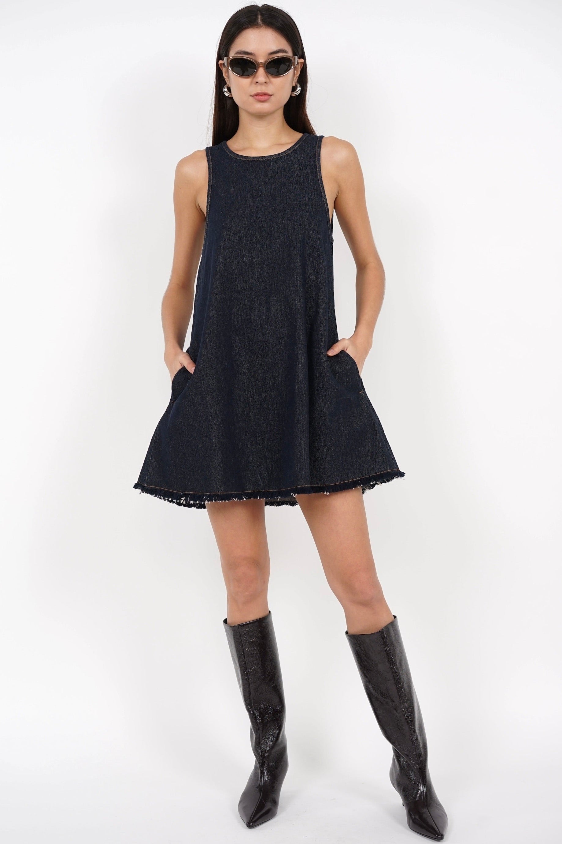 Sleeveless A-Line Flare Dress in Denim Blue