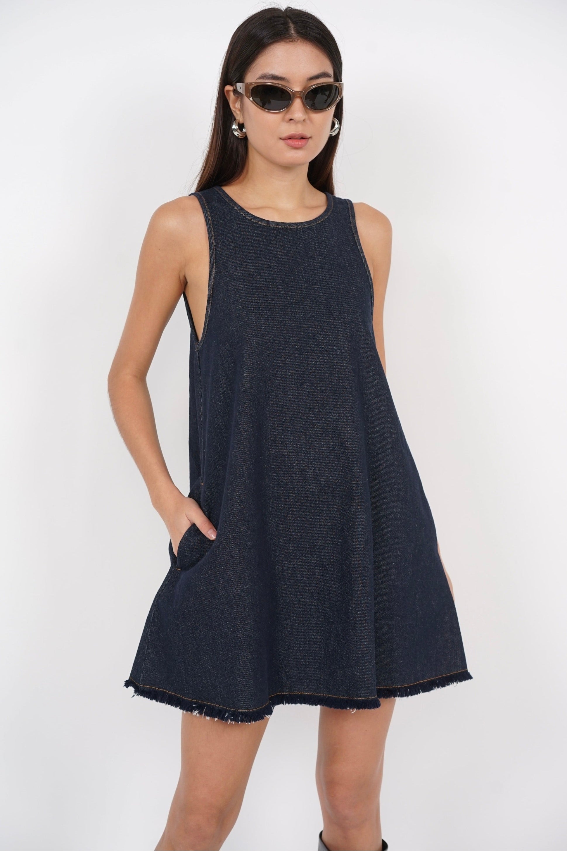 Sleeveless A-Line Flare Dress in Denim Blue