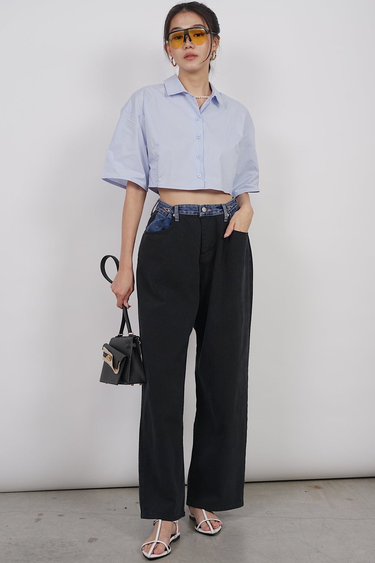 Flare Button Crop Top in Blue