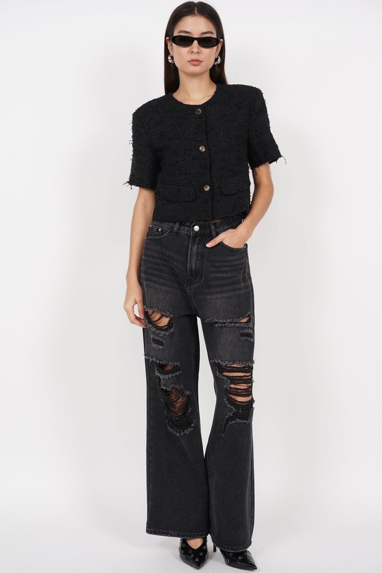Short Sleeve Tweed Button Top in Black