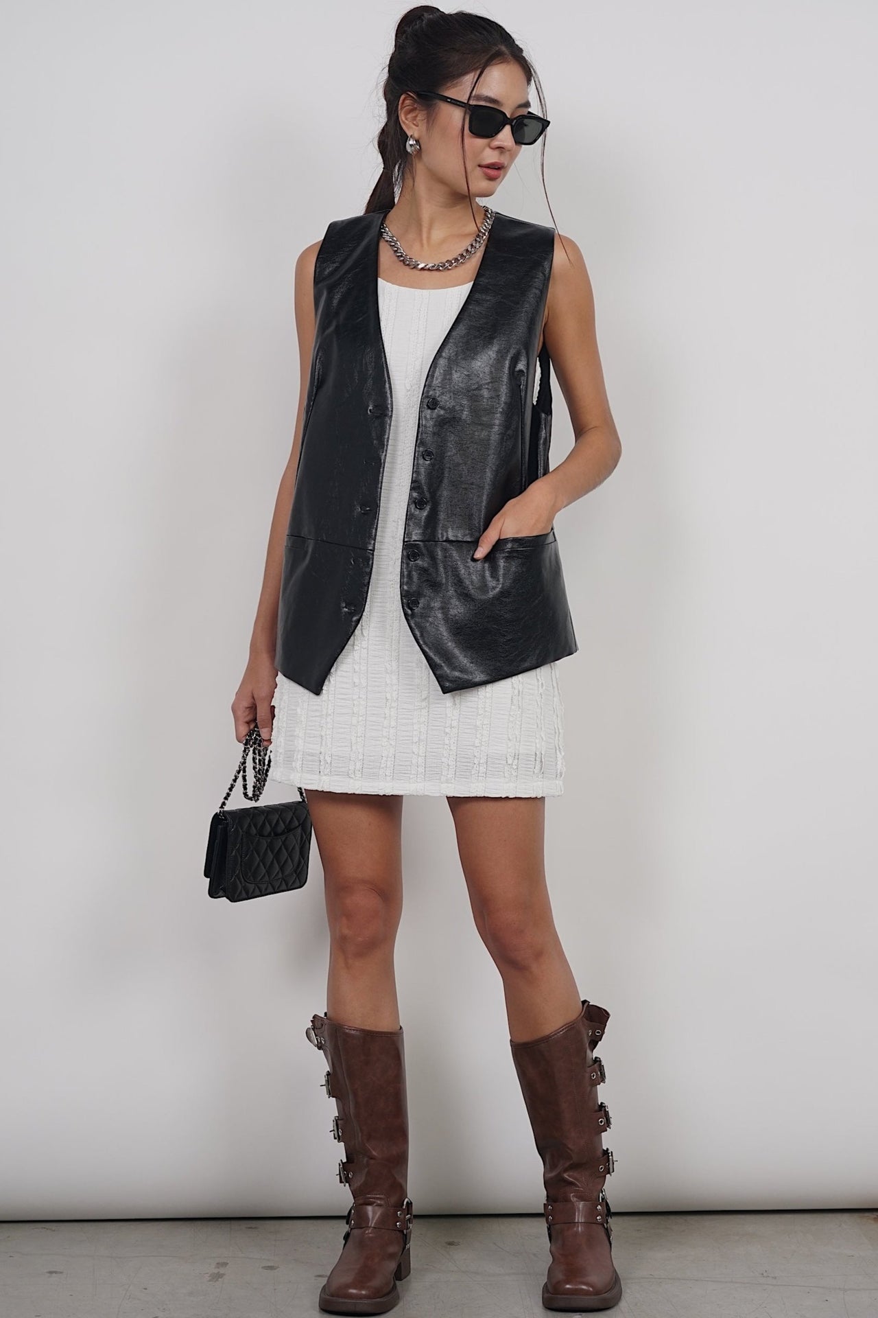 Leather Vest Top in Black