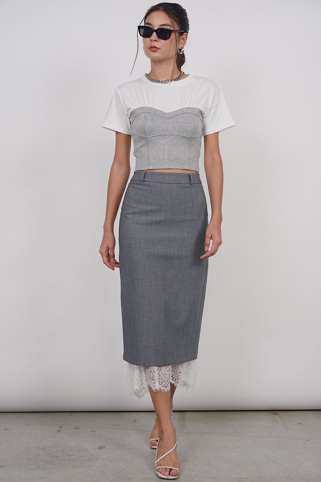 Short Sleeve Bustier Top in White Grey