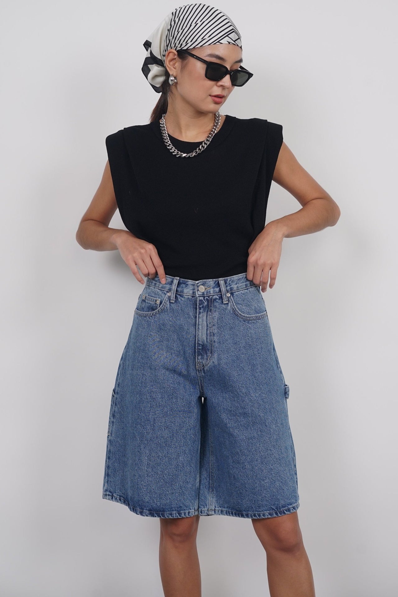 Padded Shoulder Knit Top in Black
