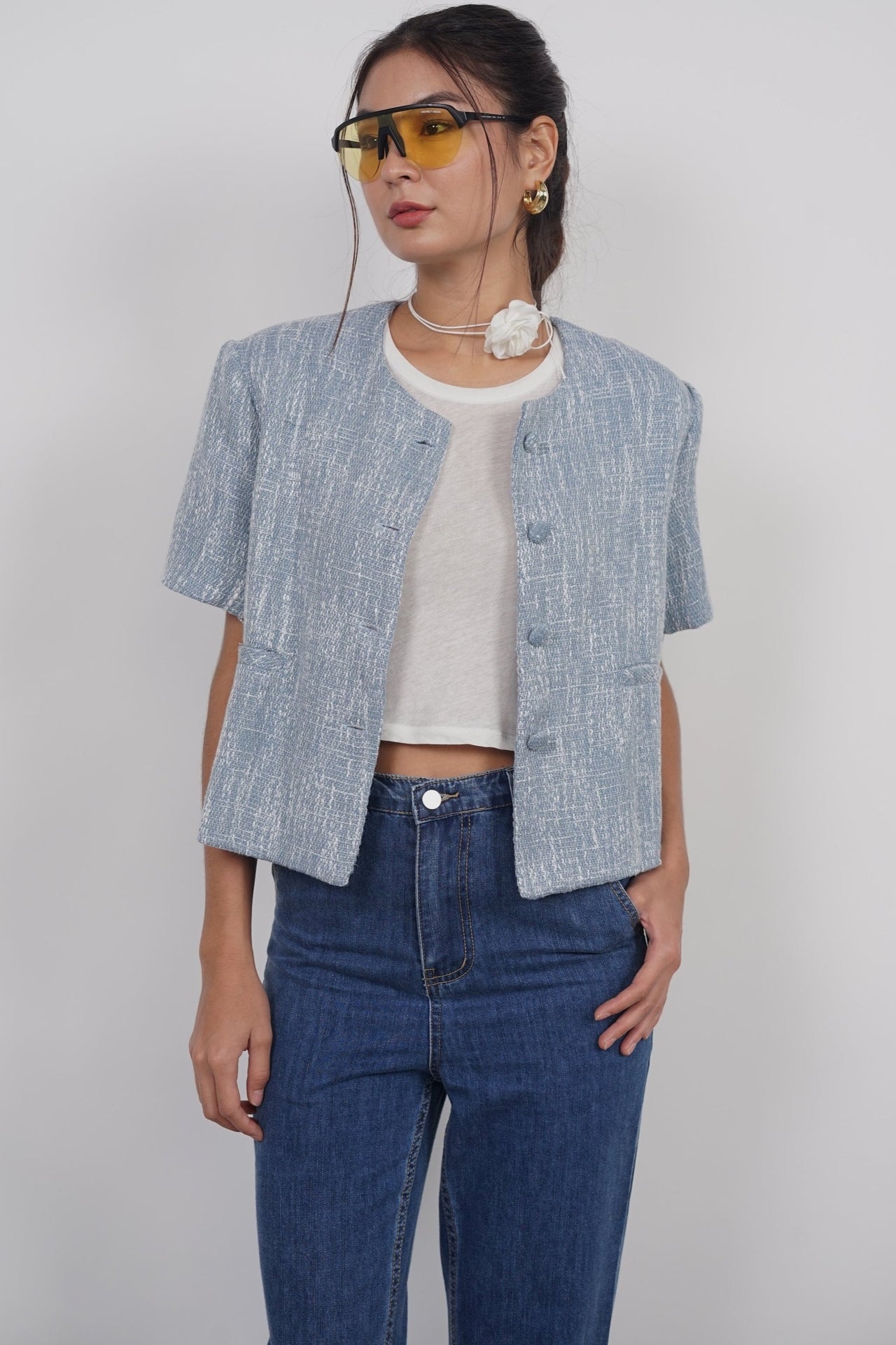 Tweed Button Top in Blue