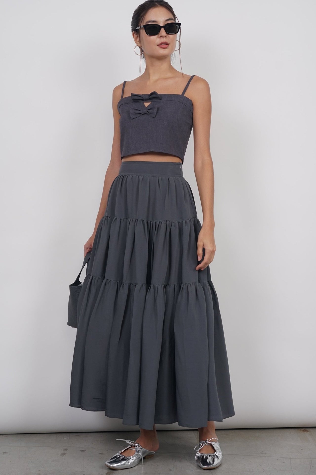 Bow Up Cropped Cami Top in Grey