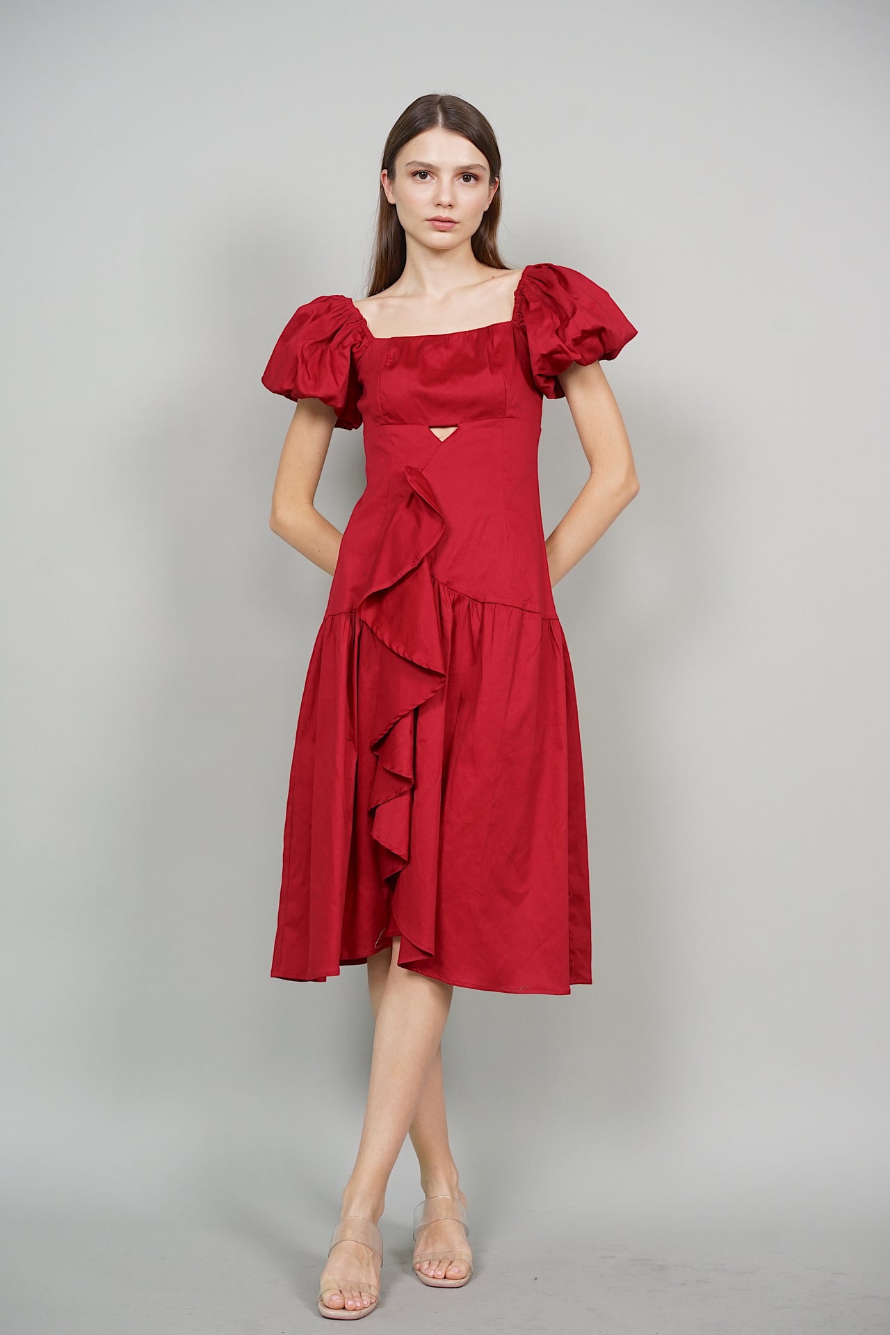 Syphon Frill Midi Dress in Red