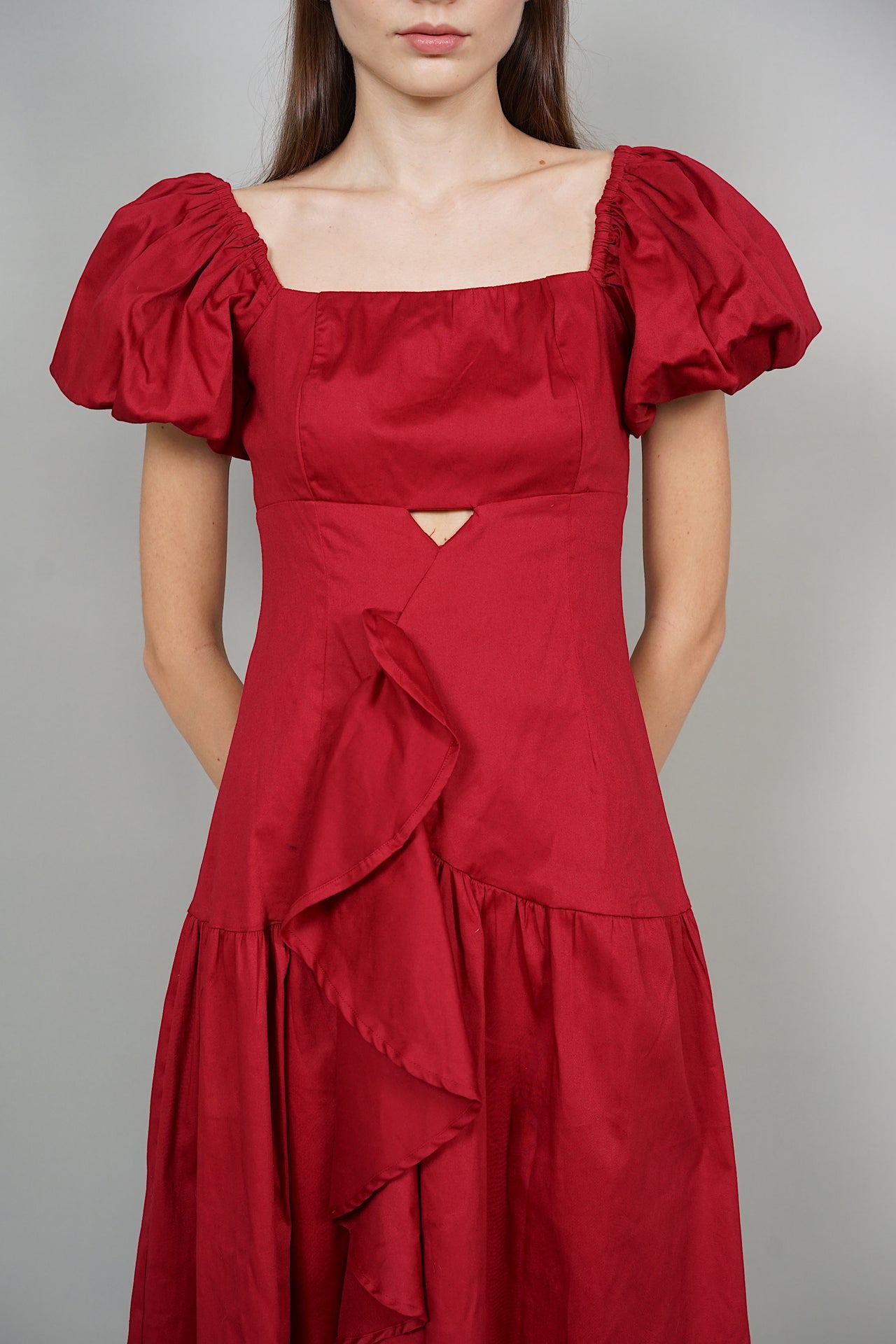 Syphon Frill Midi Dress in Red