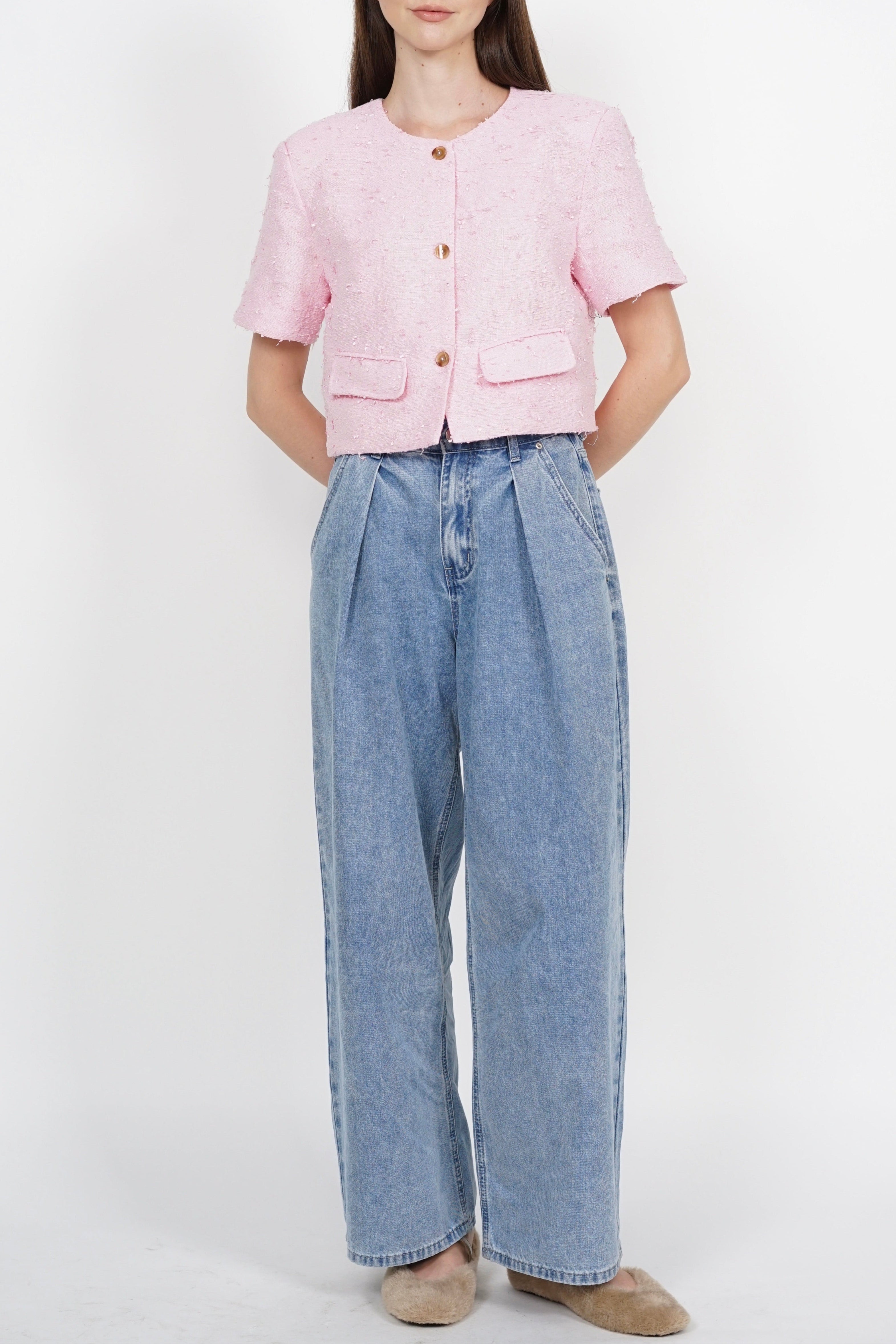 Short Sleeve Tweed Button Top in Pink