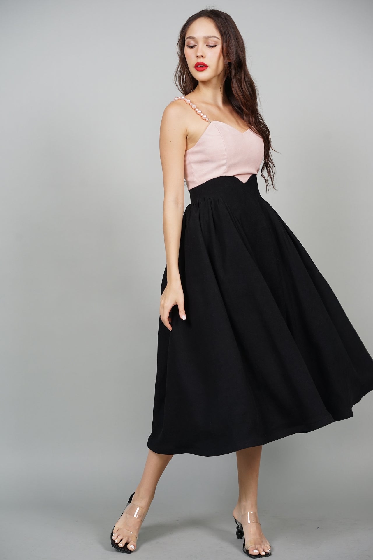 Avery Cami Midi Dress in Pink Black