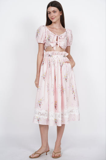 Gathered Elastic Waist Skirt in Pink Floral