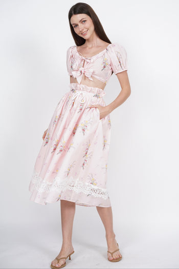 Gathered Elastic Waist Skirt in Pink Floral