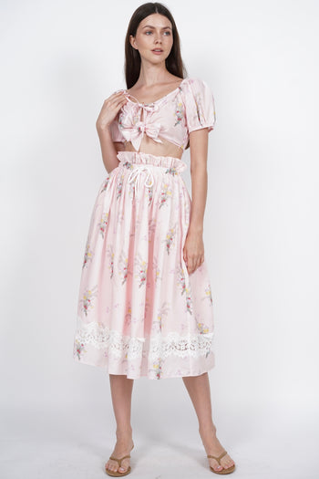 Gathered Elastic Waist Skirt in Pink Floral