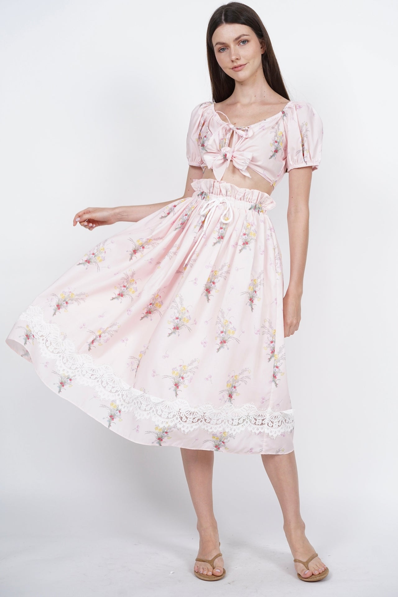 Gathered Elastic Waist Skirt in Pink Floral