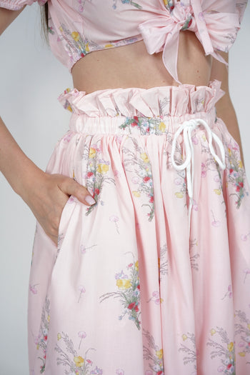 Gathered Elastic Waist Skirt in Pink Floral
