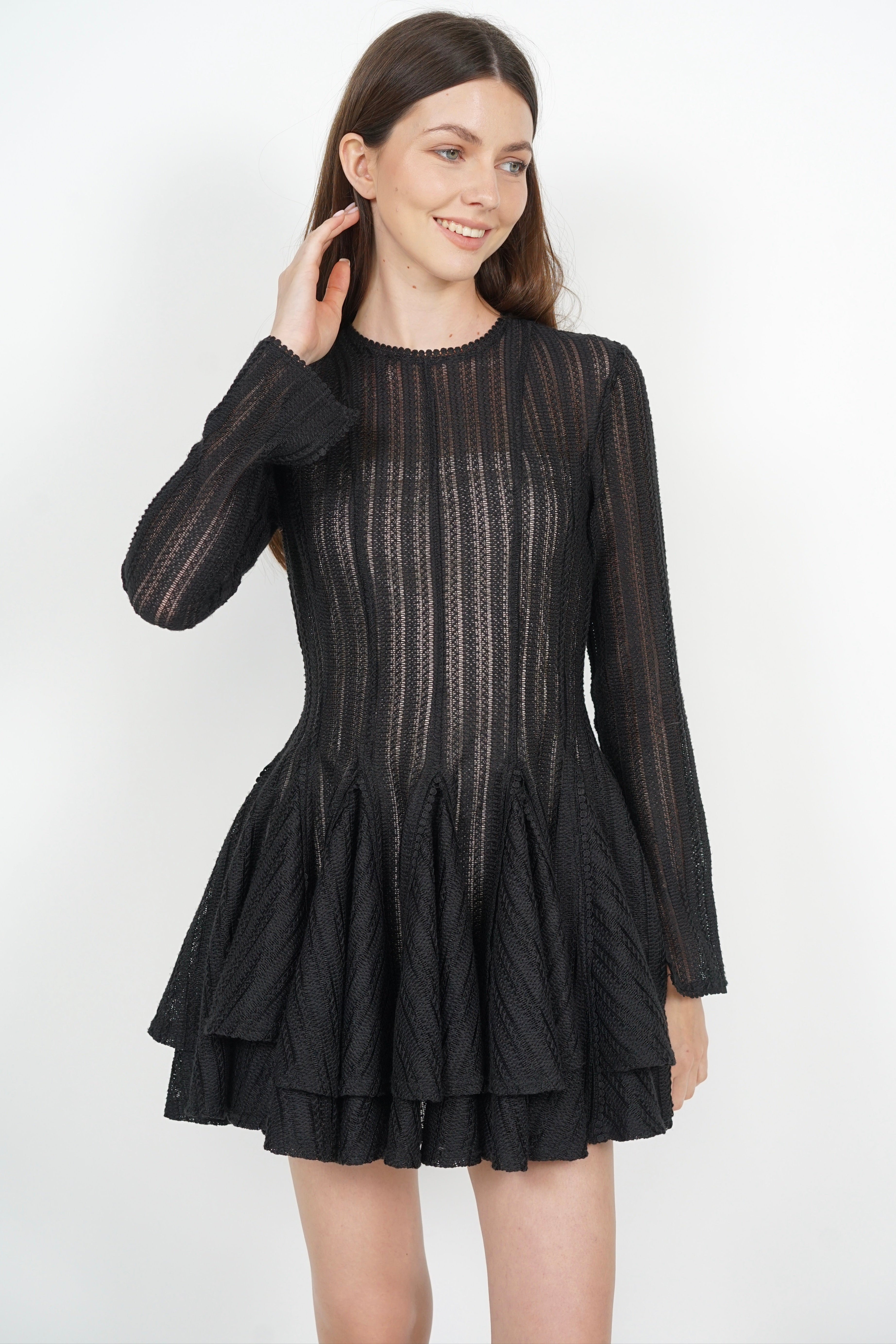 Long Sleeve Godet Romper Dress in Black