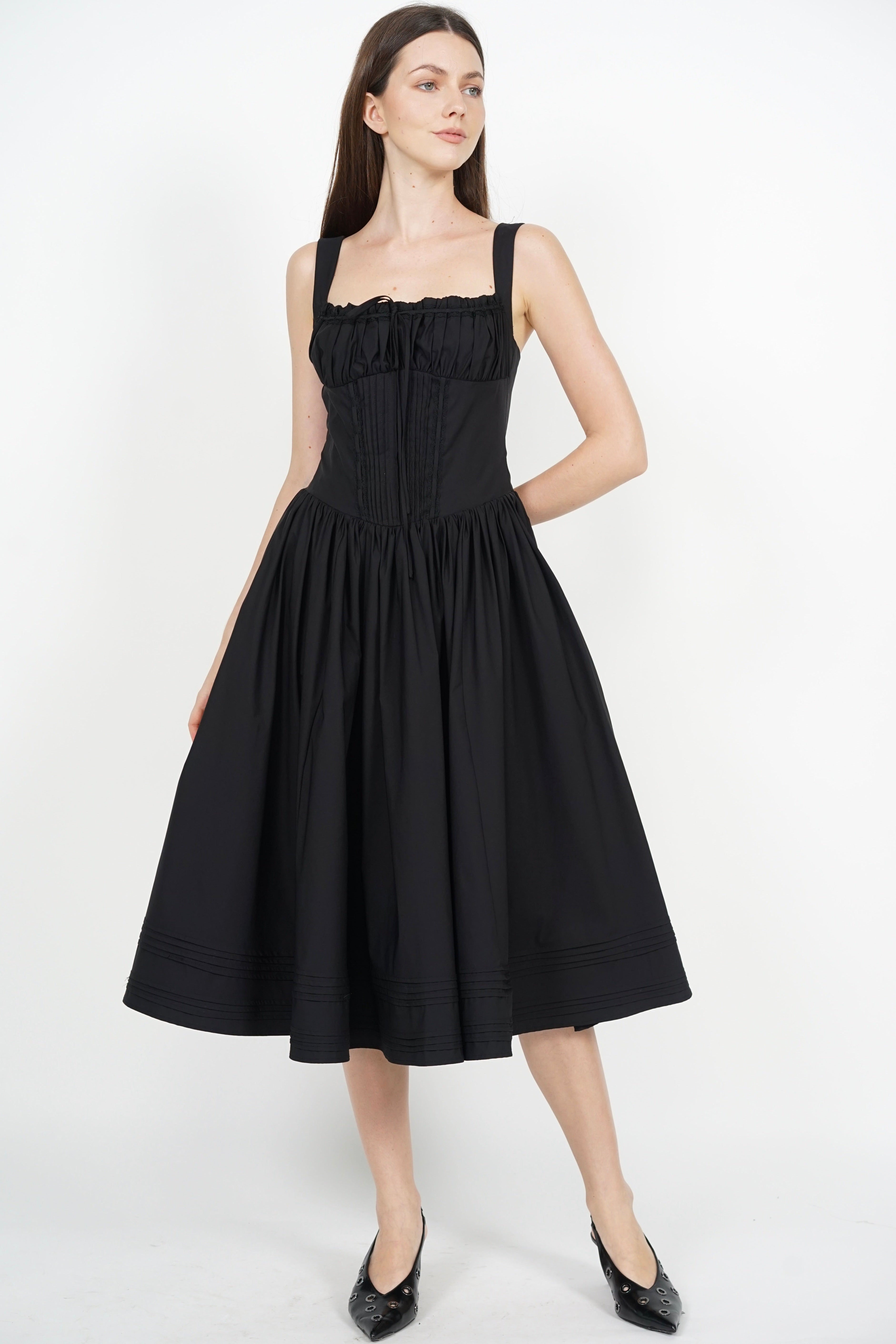 Ruched Pintuck Midi Dress in Black