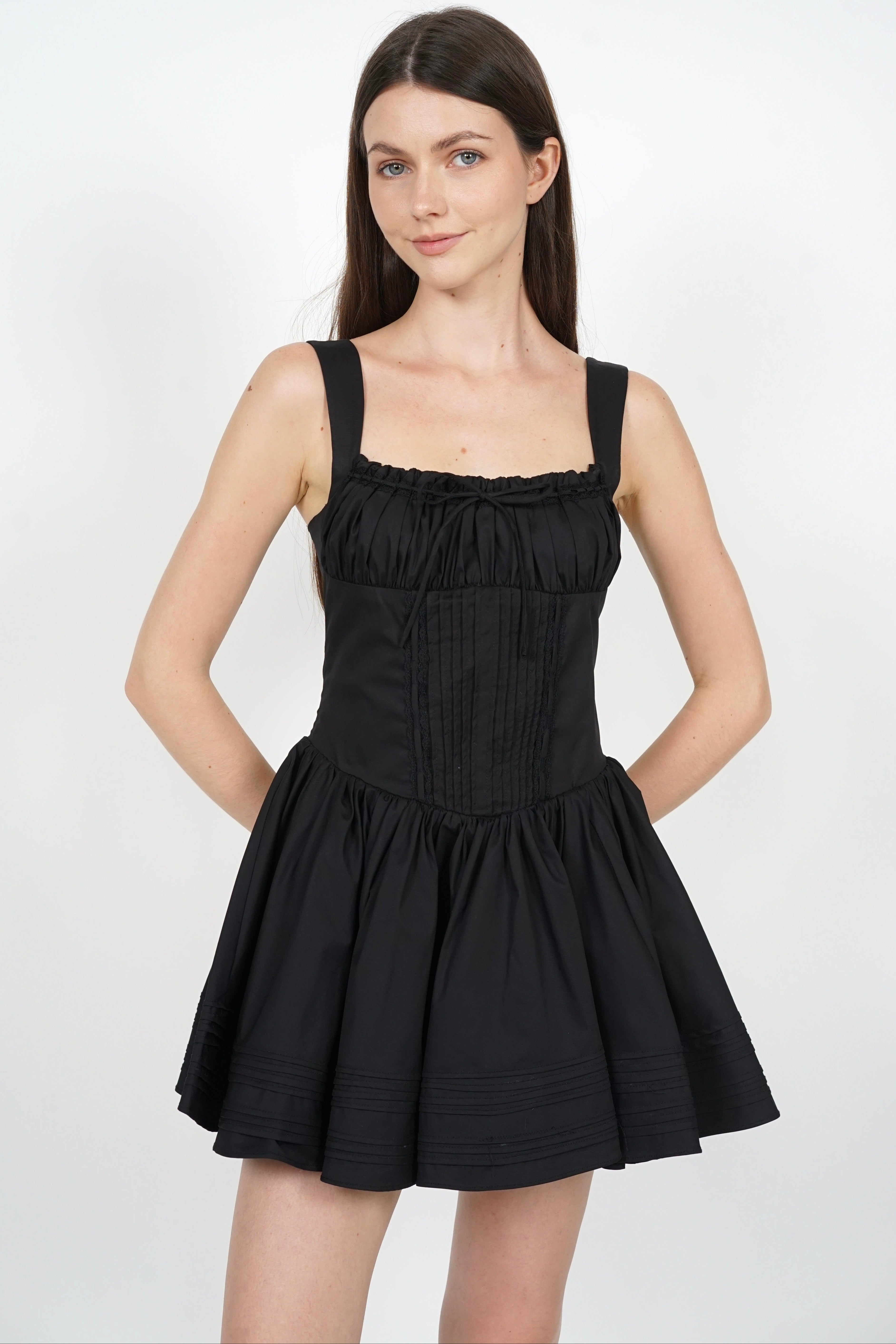 Ruched Pintuck Mini Dress in Black