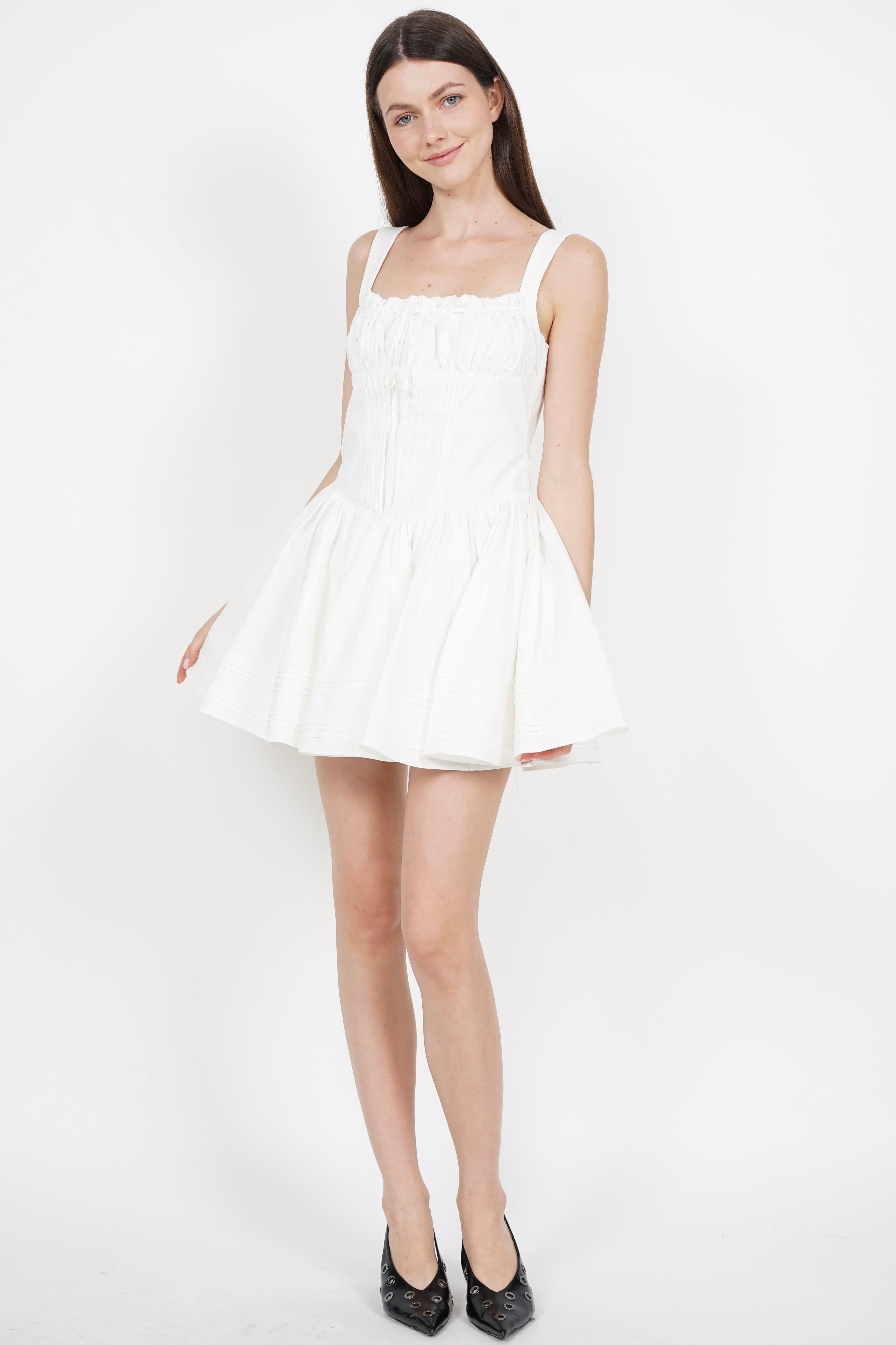 Ruched Pintuck Mini Dress in White