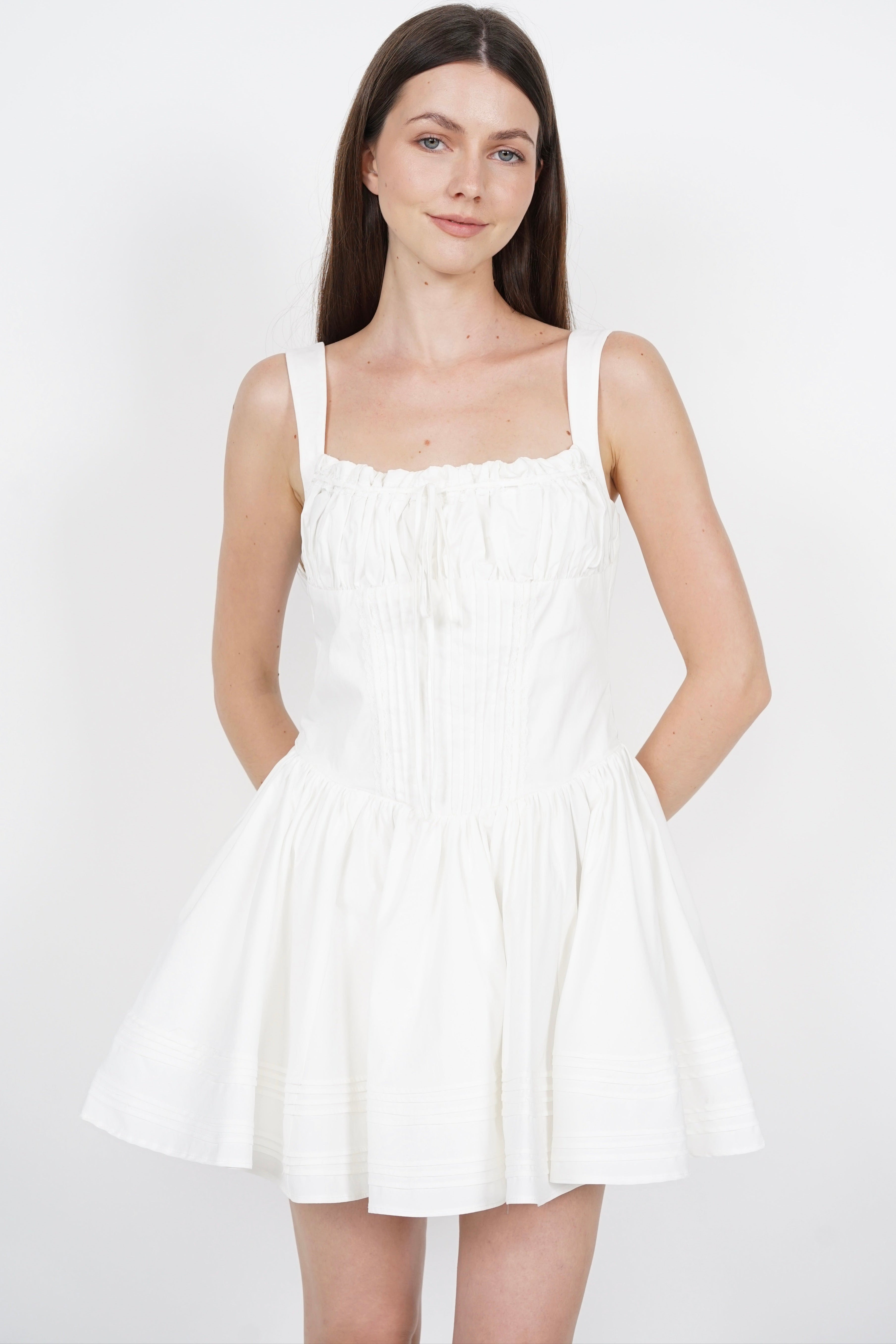 Ruched Pintuck Mini Dress in White