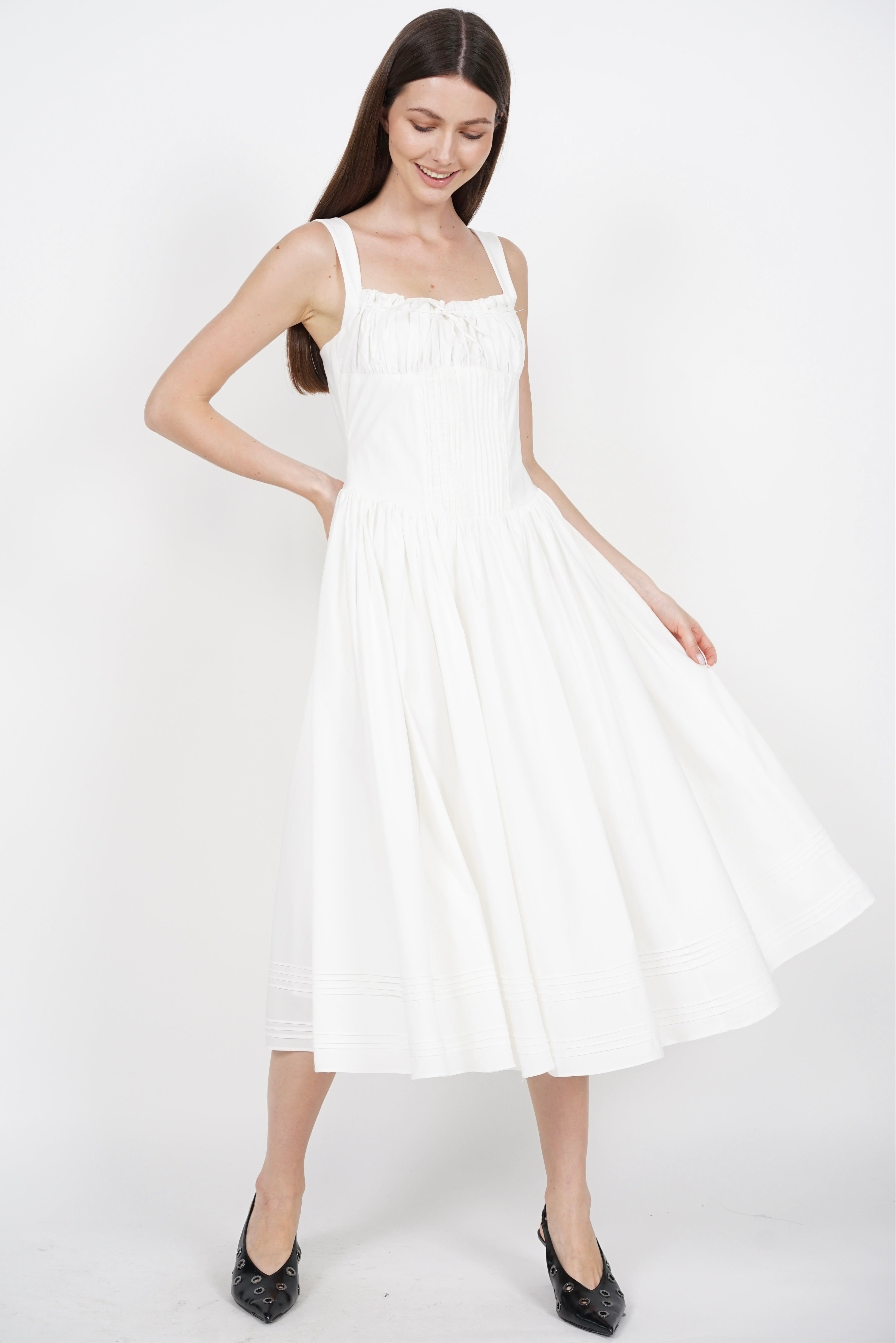 Ruched Pintuck Midi Dress in White