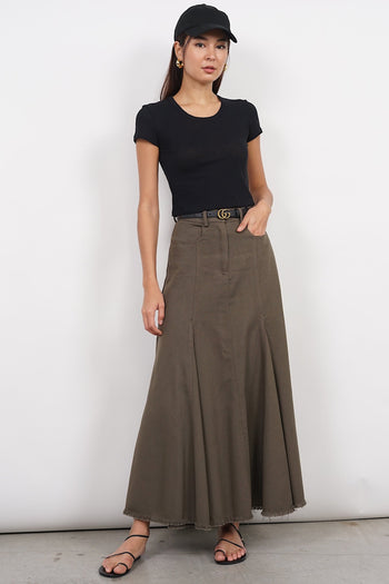 Flared Denim Skirt in Army Green